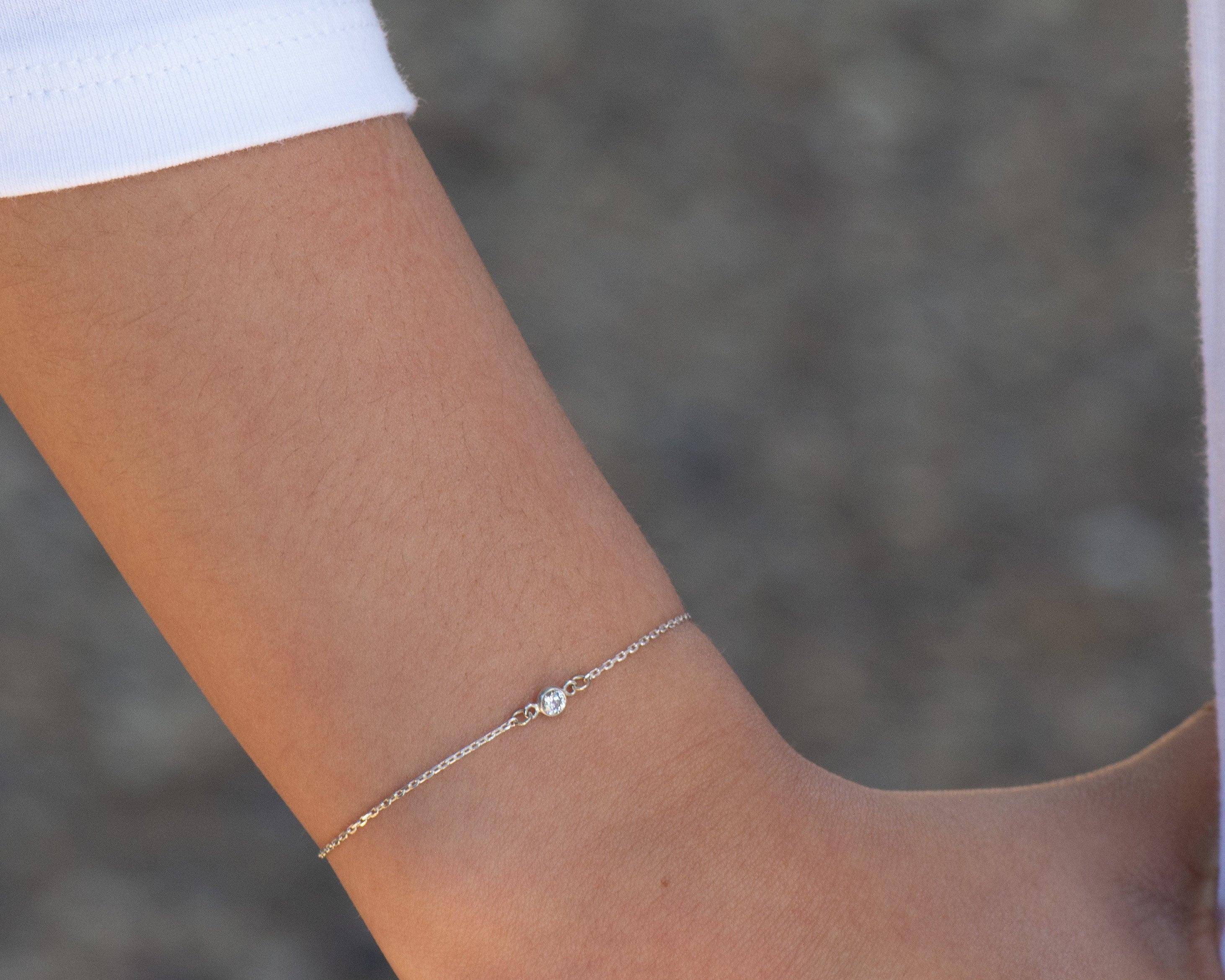 Dainty Solitaire Silver Chain Bracelet White Round Diamond Cut CZ Charm Simple Elegant Feminine Bracelet Minimalist Jewelry tiniest stone 71 Morse and Dainty Jewelry by Olivia Cactus