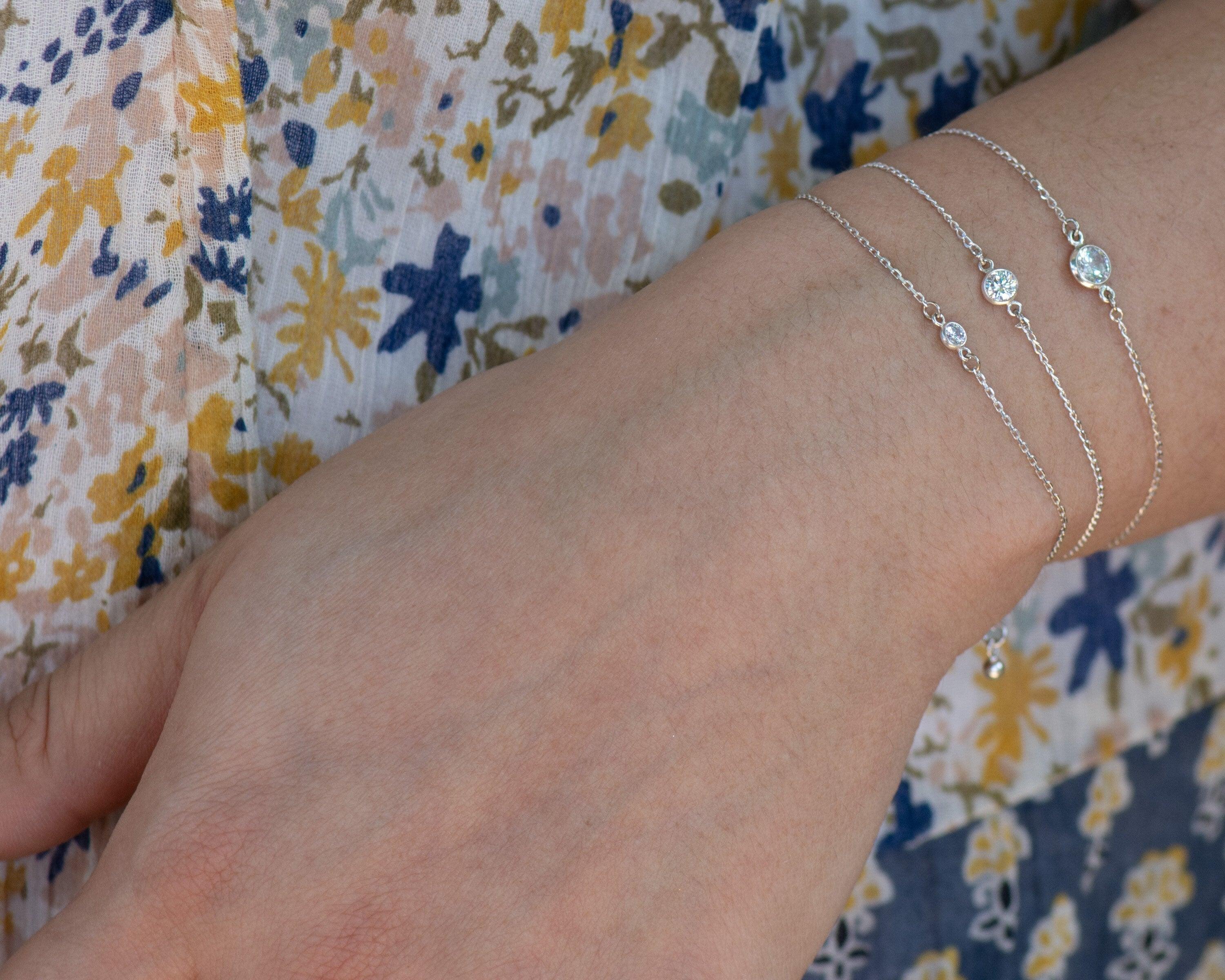 Dainty Solitaire Silver Chain Bracelet White Round Diamond Cut CZ Charm Simple Elegant Feminine Bracelet Minimalist Jewelry tiniest stone 71 Morse and Dainty Jewelry by Olivia Cactus