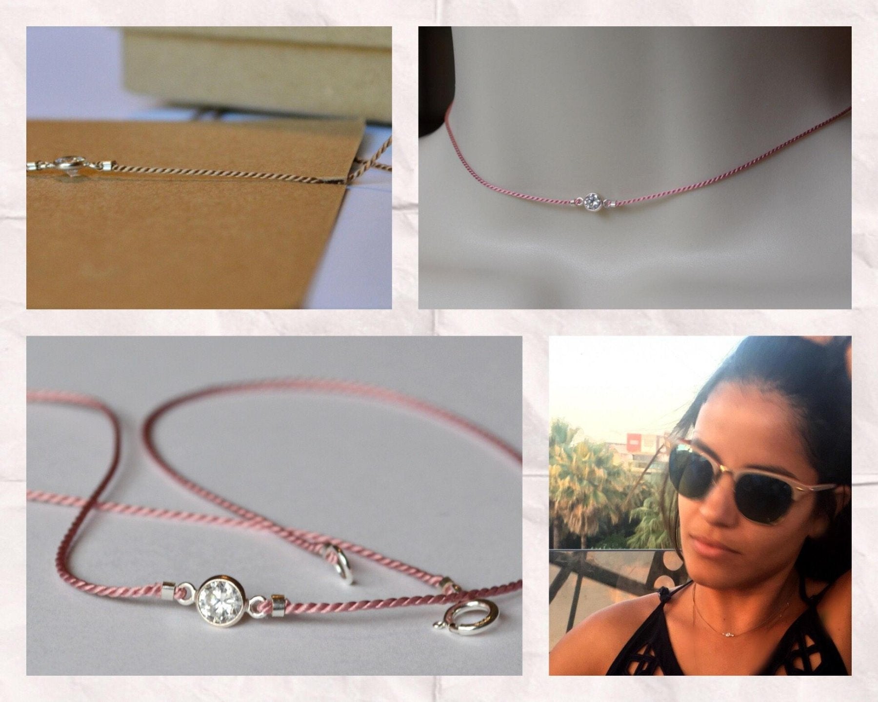 Delicate Silver Diamond Charm on Cord Choker - Dainty 14K Gold & Silver Jewelry by Olivia Cactus