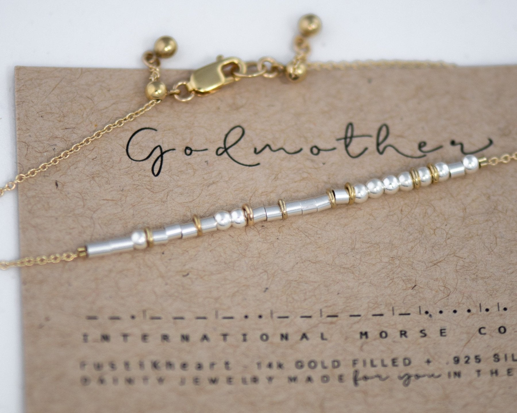 Godmother Morse Code Bracelet - Dainty 14K Gold & Silver Jewelry by Olivia Cactus