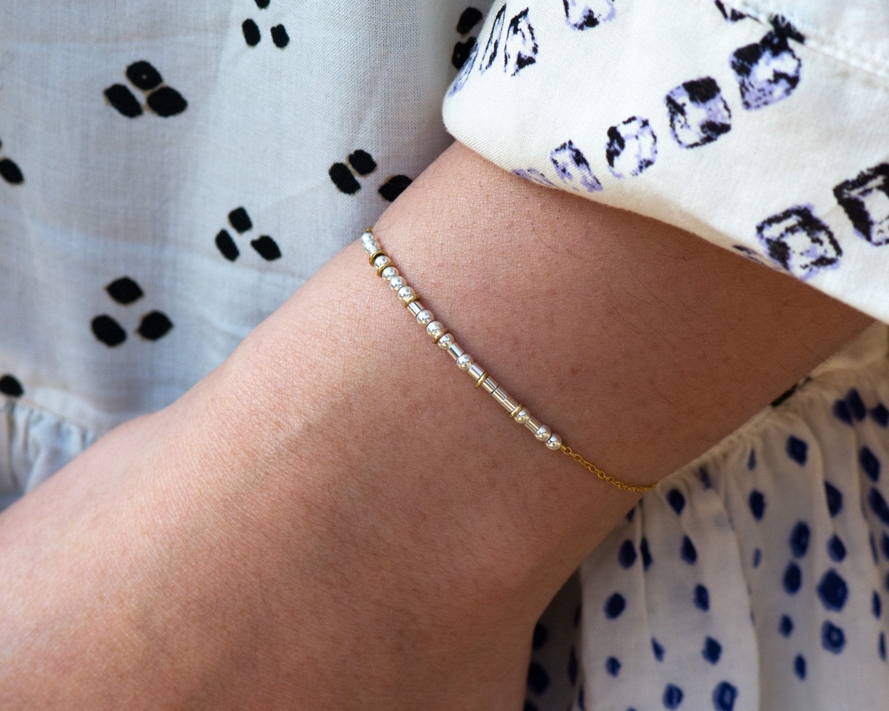 Godmother Morse Code Bracelet - Dainty 14K Gold & Silver Jewelry by Olivia Cactus