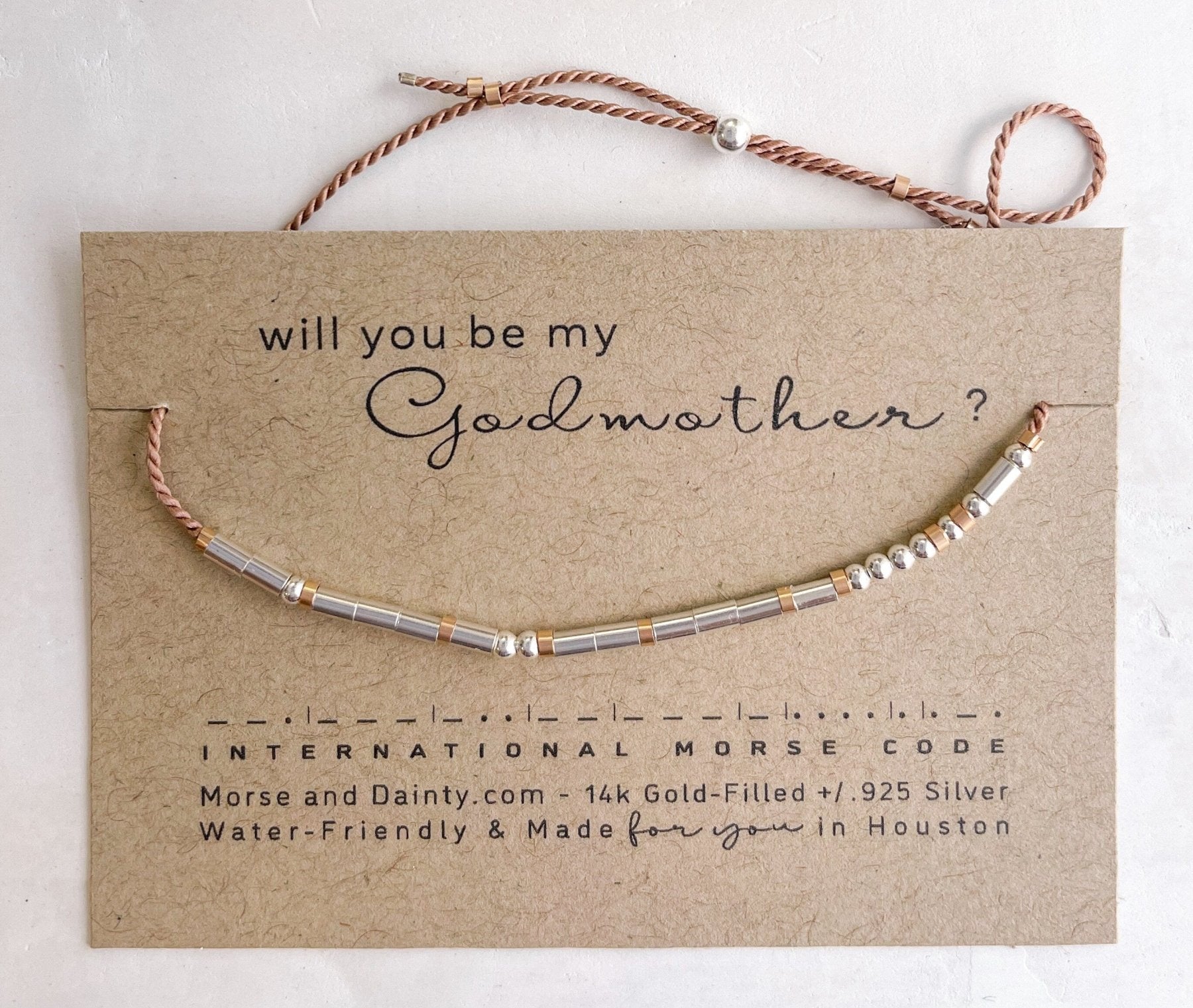 Godmother Morse Code Bracelet - Dainty 14K Gold & Silver Jewelry by Olivia Cactus