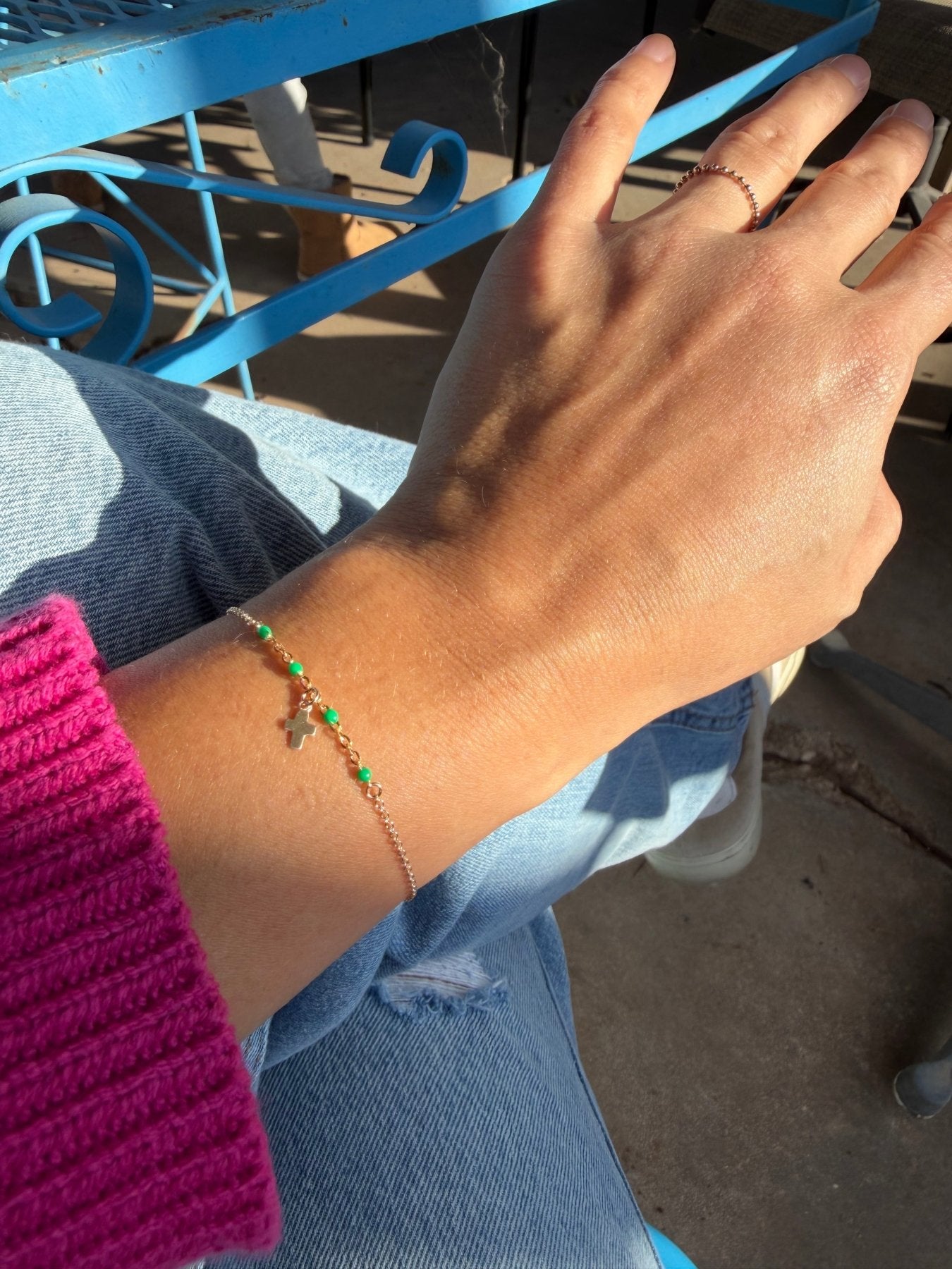 Gold Cross Bracelet with Bright Pink Accents - Dainty 14K Gold & Silver Jewelry by Olivia Cactus