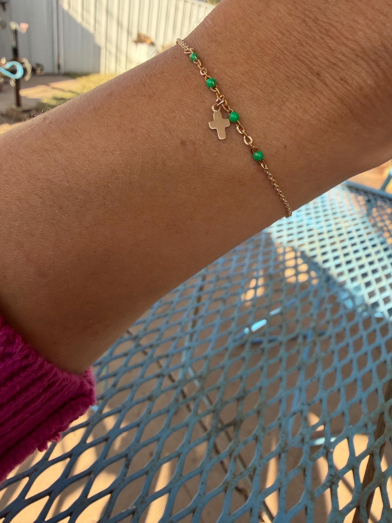 Gold Cross Bracelet with Bright Pink Accents - Dainty 14K Gold & Silver Jewelry by Olivia Cactus