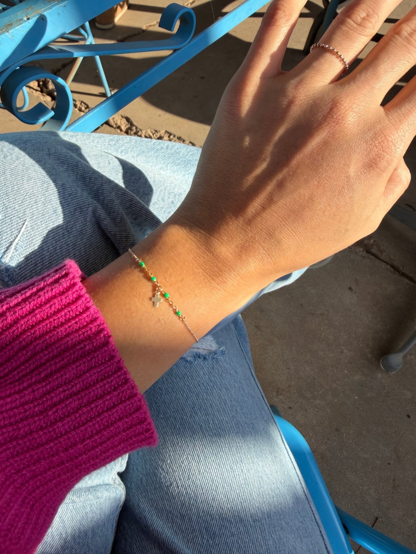 Gold Cross Bracelet with Bright Pink Accents - Dainty 14K Gold & Silver Jewelry by Olivia Cactus