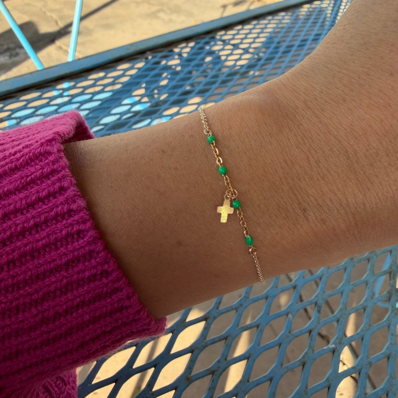 Gold Cross Bracelet with Green Accents - Dainty 14K Gold & Silver Jewelry by Olivia Cactus