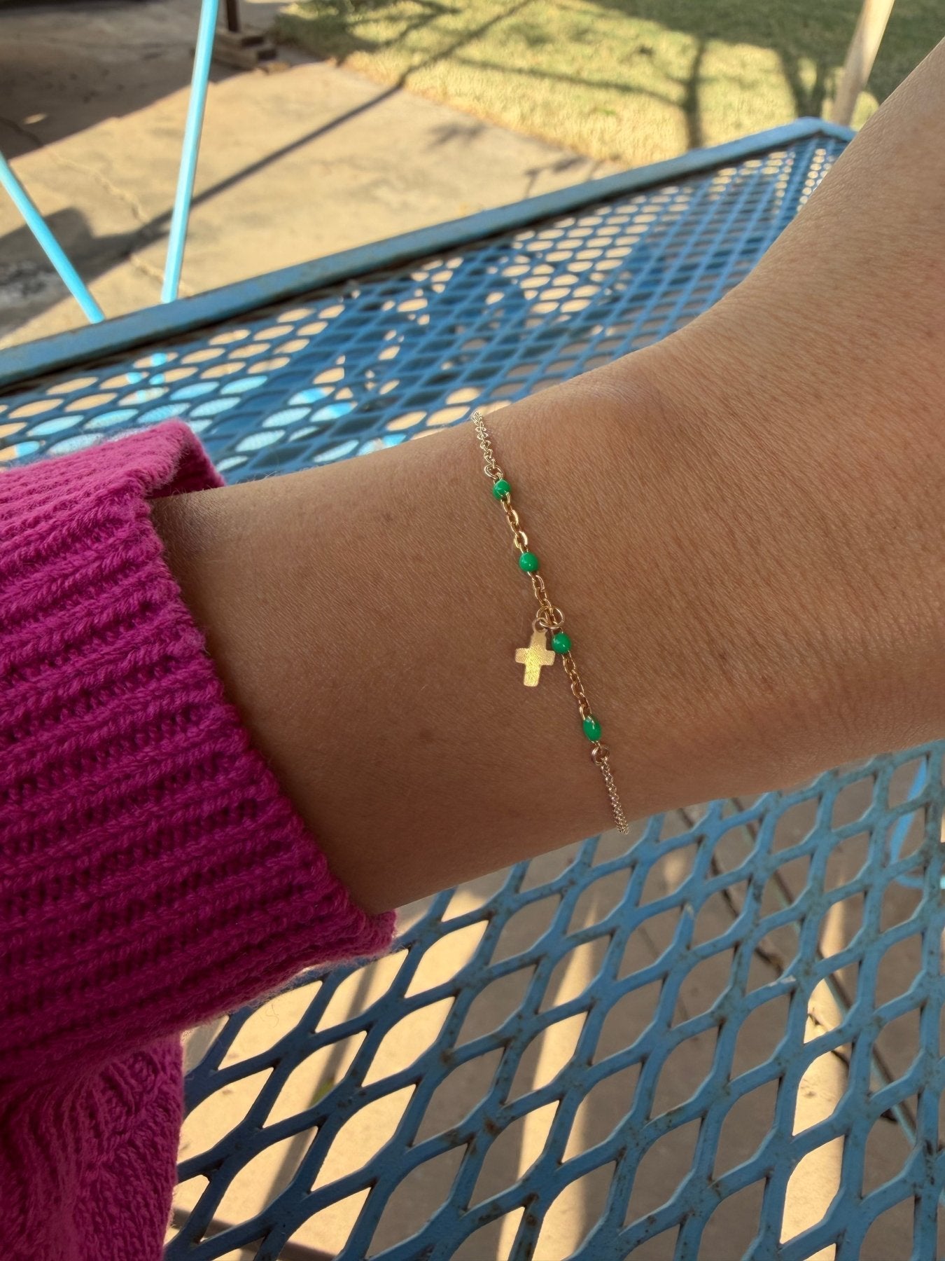 Gold Cross Bracelet with Green Accents - Dainty 14K Gold & Silver Jewelry by Olivia Cactus