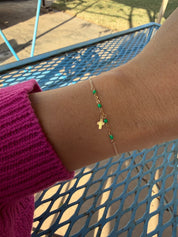 Gold Cross Bracelet with Green Accents - Dainty 14K Gold & Silver Jewelry by Olivia Cactus