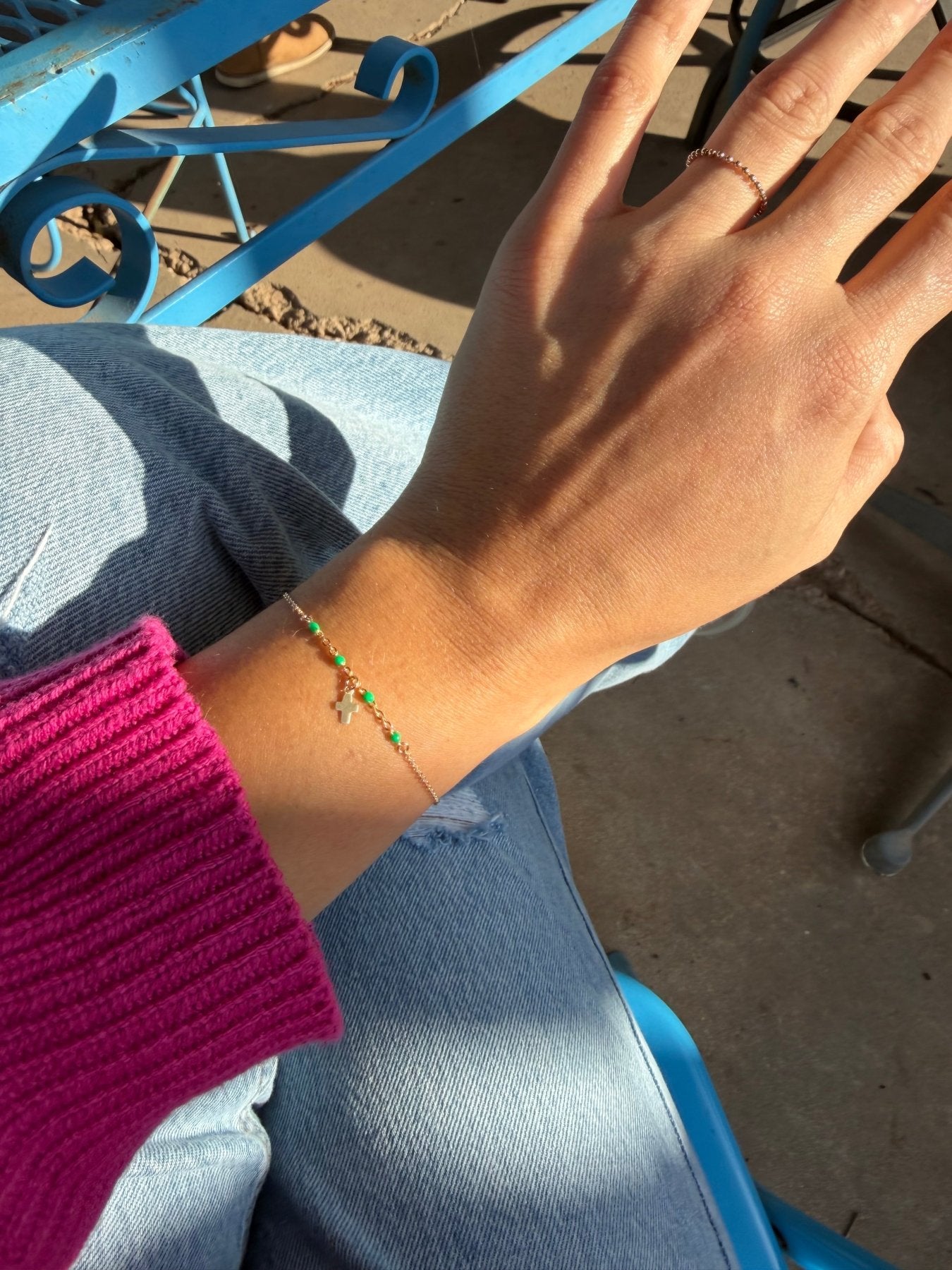 Gold Cross Bracelet with Green Accents - Dainty 14K Gold & Silver Jewelry by Olivia Cactus