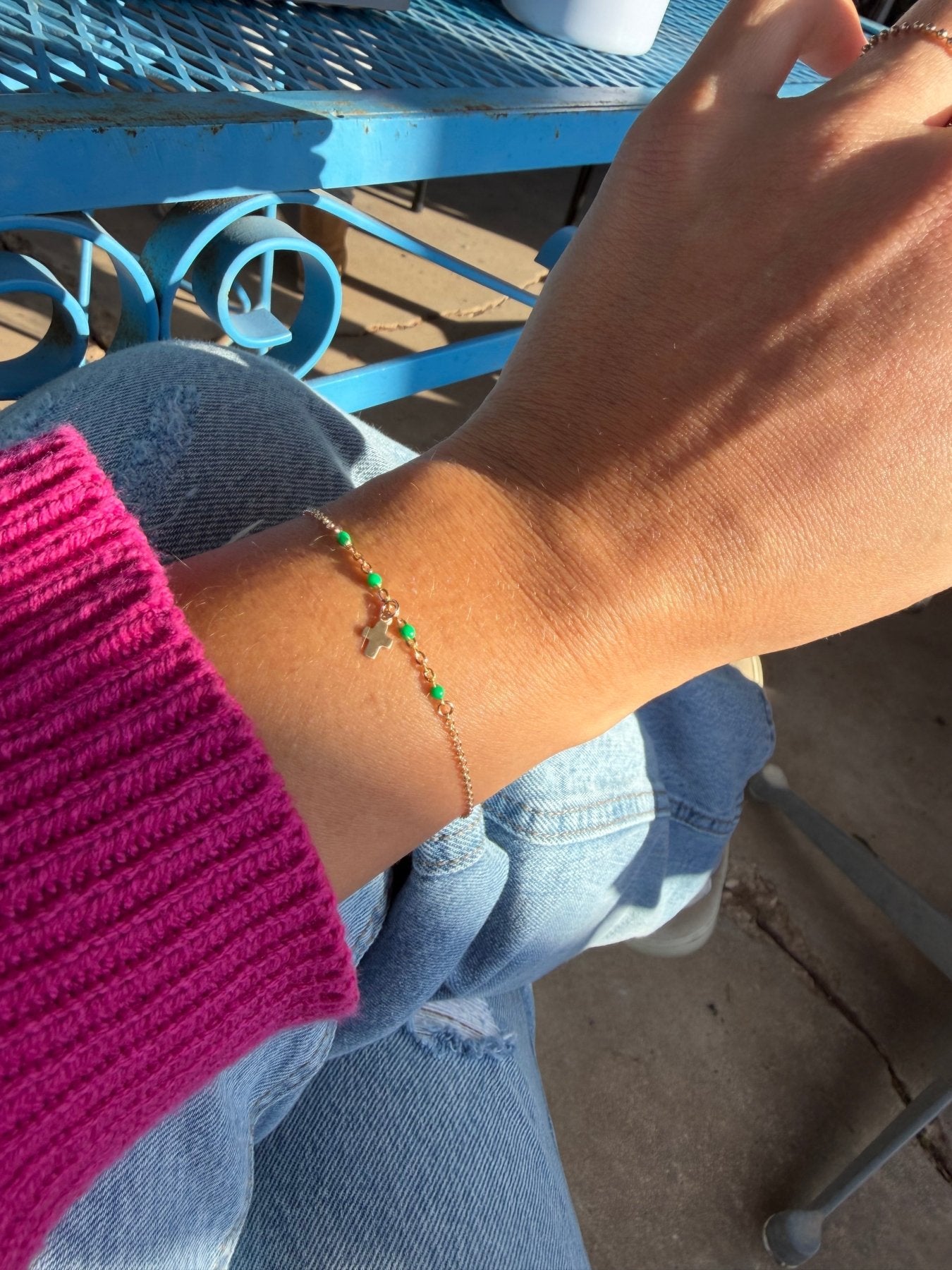 Gold Cross Bracelet with Green Accents - Dainty 14K Gold & Silver Jewelry by Olivia Cactus