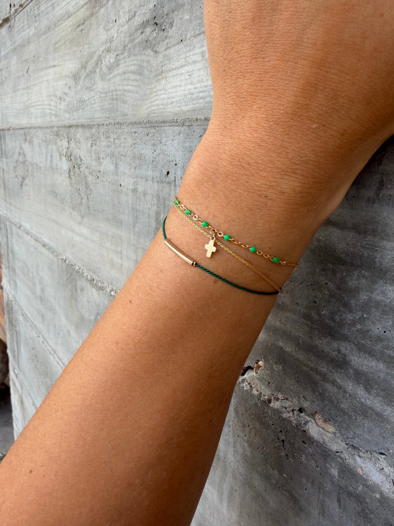 Gold Cross Bracelet with Green Accents - Dainty 14K Gold & Silver Jewelry by Olivia Cactus