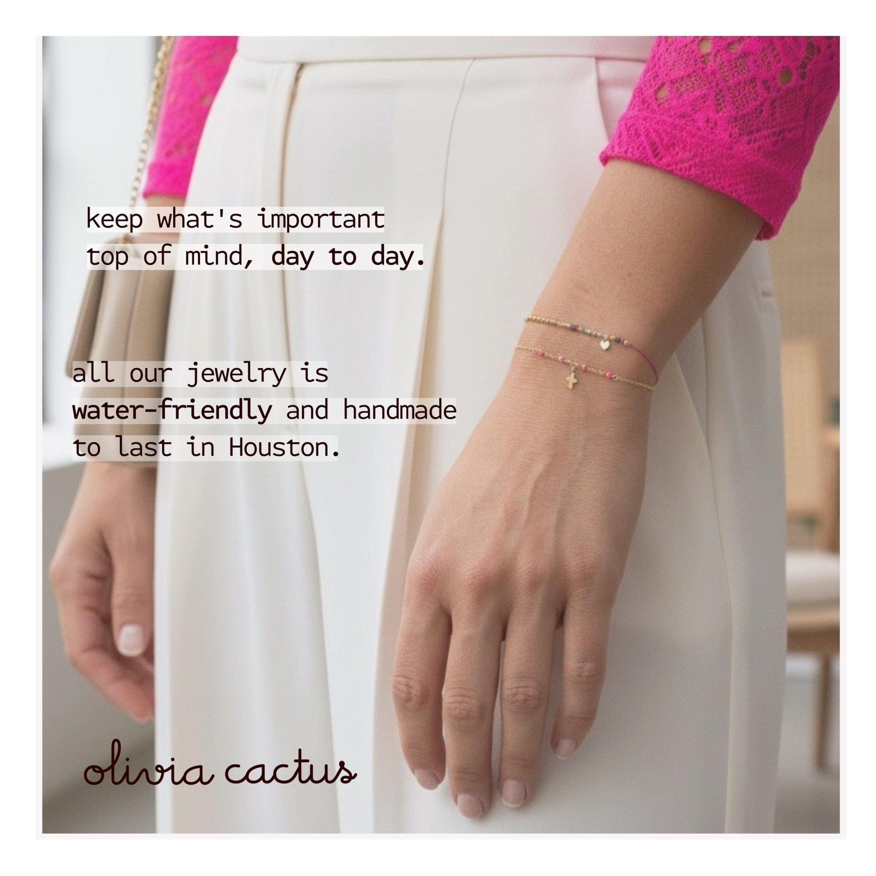 Gold Cross on Chain, Pink Accents - Dainty 14K Gold & Silver Jewelry by Olivia Cactus