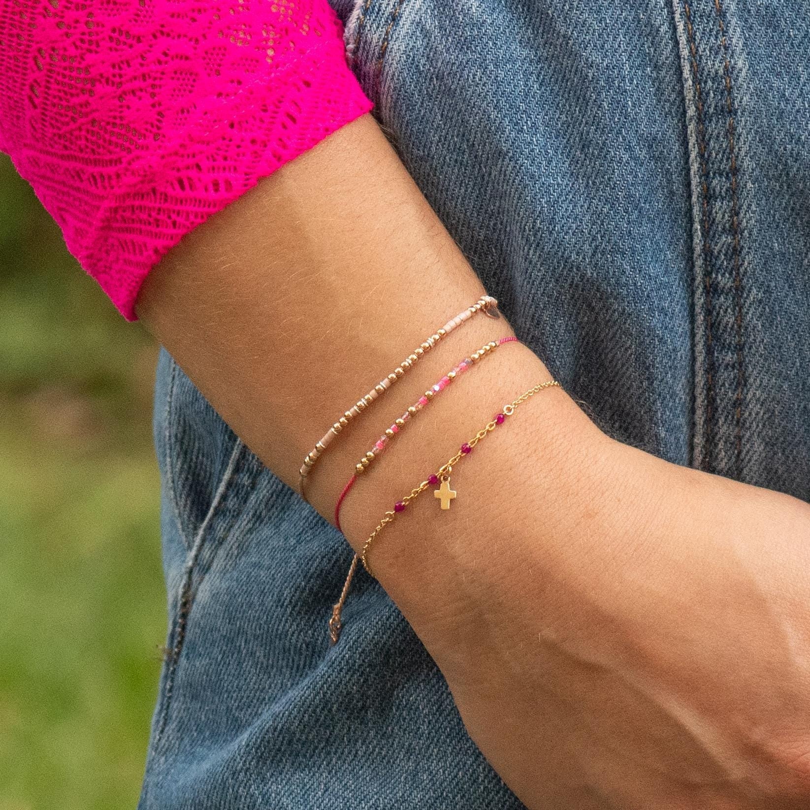 Gold Cross on Chain, Pink Accents - Dainty 14K Gold & Silver Jewelry by Olivia Cactus