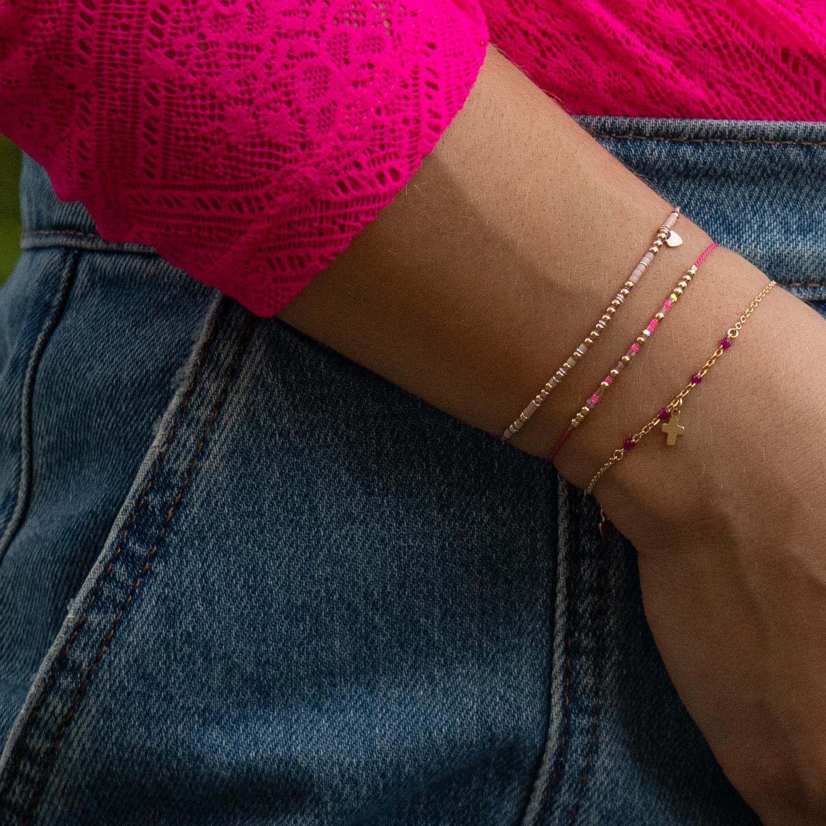 Gold Cross on Chain, Pink Accents - Dainty 14K Gold & Silver Jewelry by Olivia Cactus