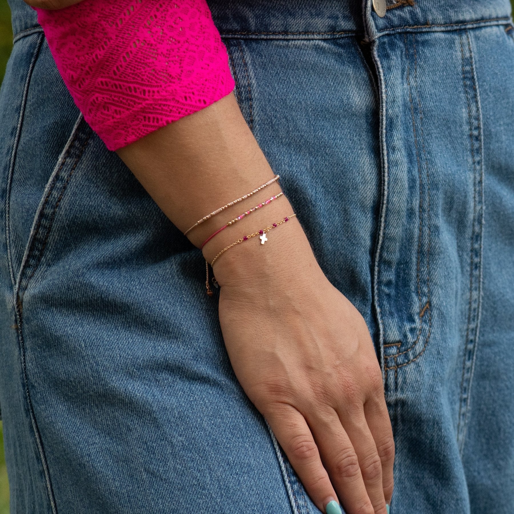 Gold Cross on Chain, Pink Accents - Dainty 14K Gold & Silver Jewelry by Olivia Cactus