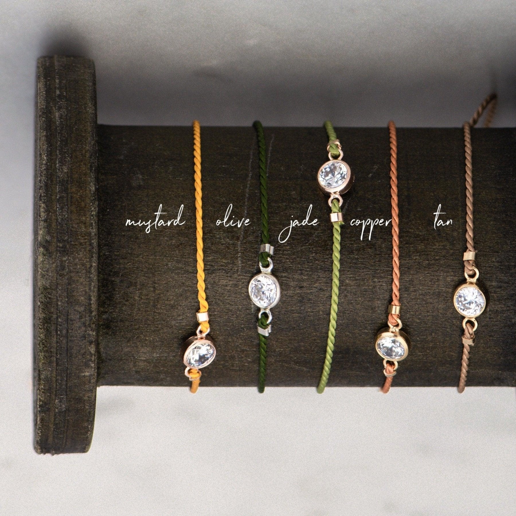 Gold Diamond Cut CZ on Silk Cord Bracelet - Dainty 14K Gold & Silver Jewelry by Olivia Cactus
