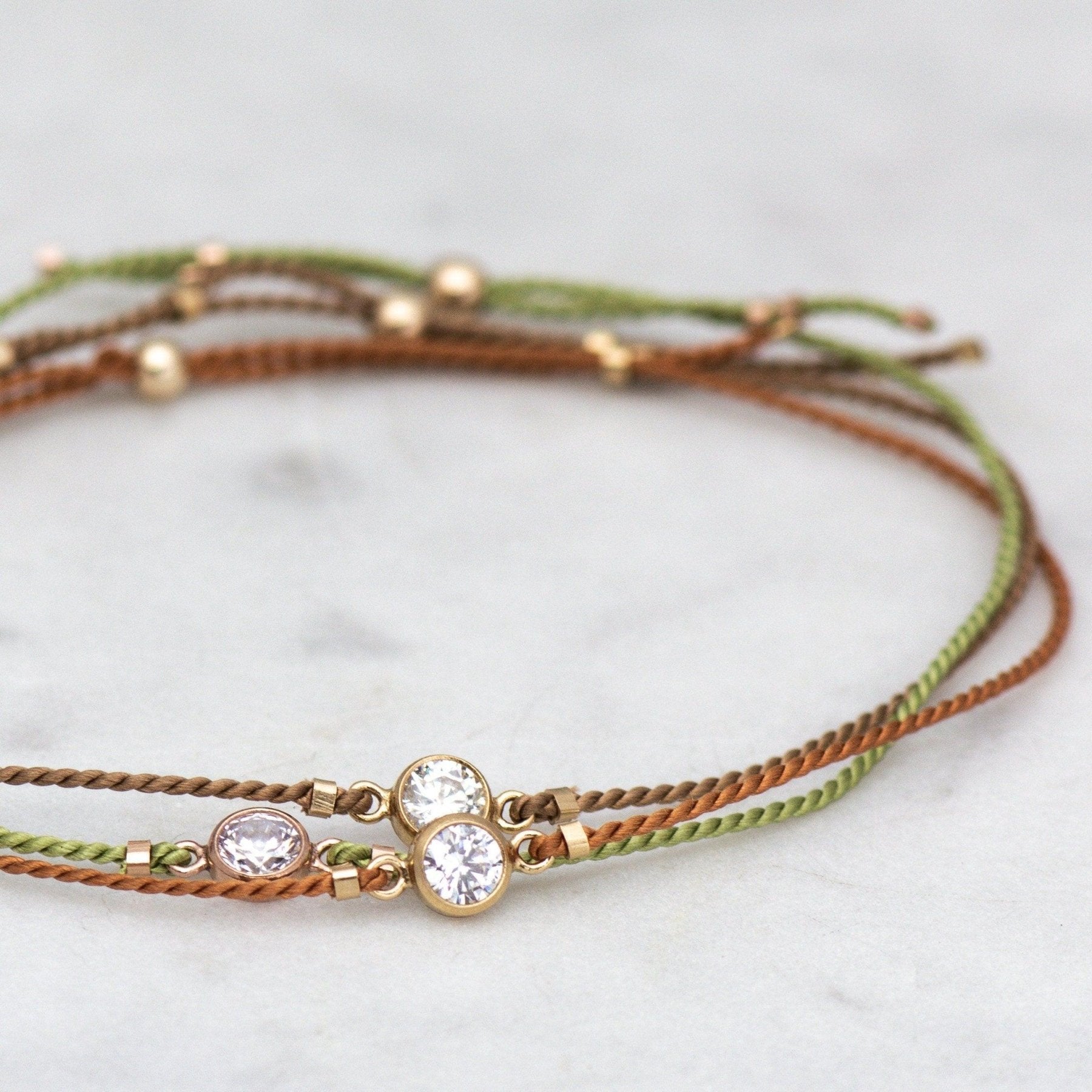 Gold Diamond Cut CZ on Silk Cord Bracelet - Dainty 14K Gold & Silver Jewelry by Olivia Cactus