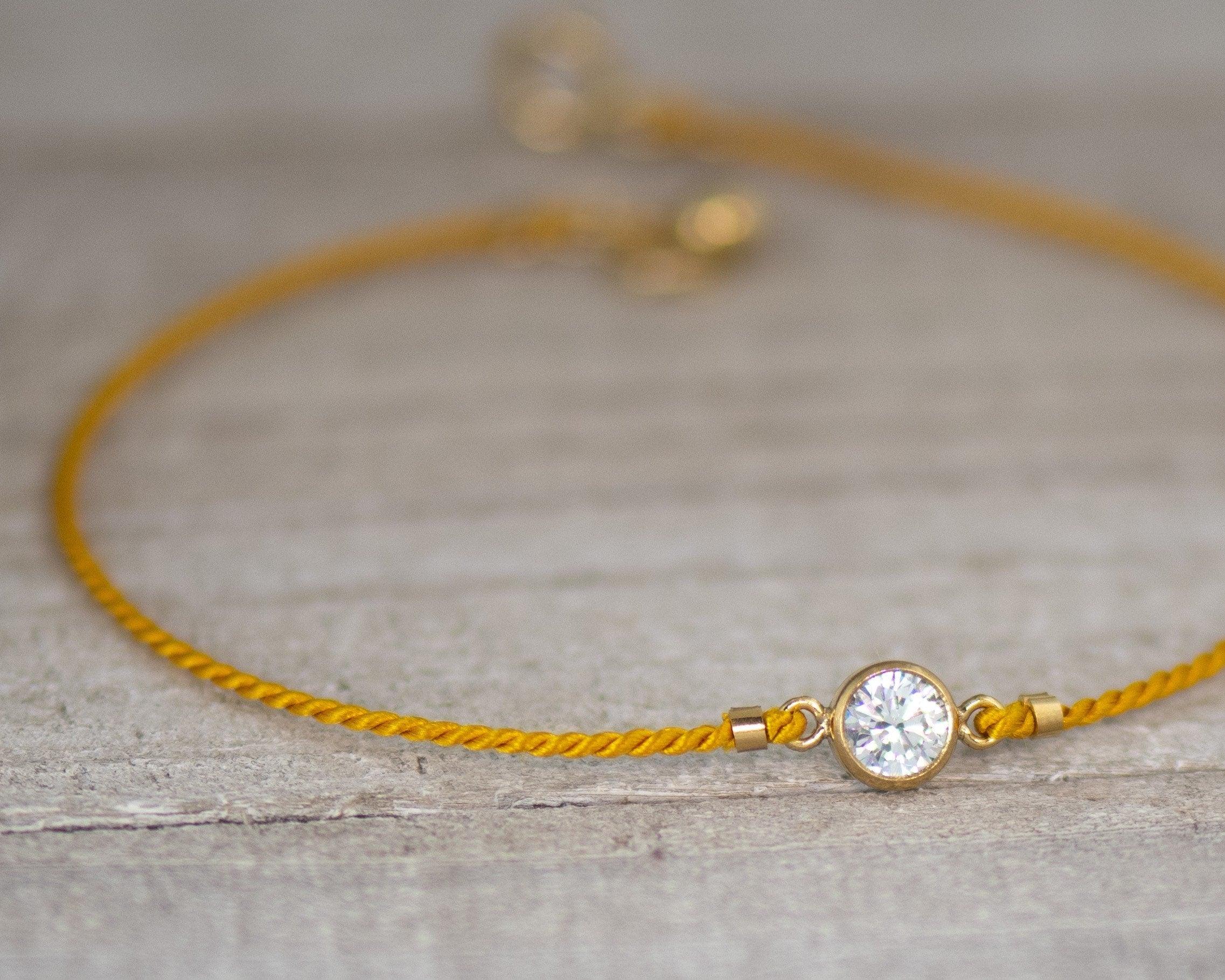 Gold Diamond Cut CZ on Silk Cord Bracelet Morse and Dainty Jewelry by Olivia Cactus