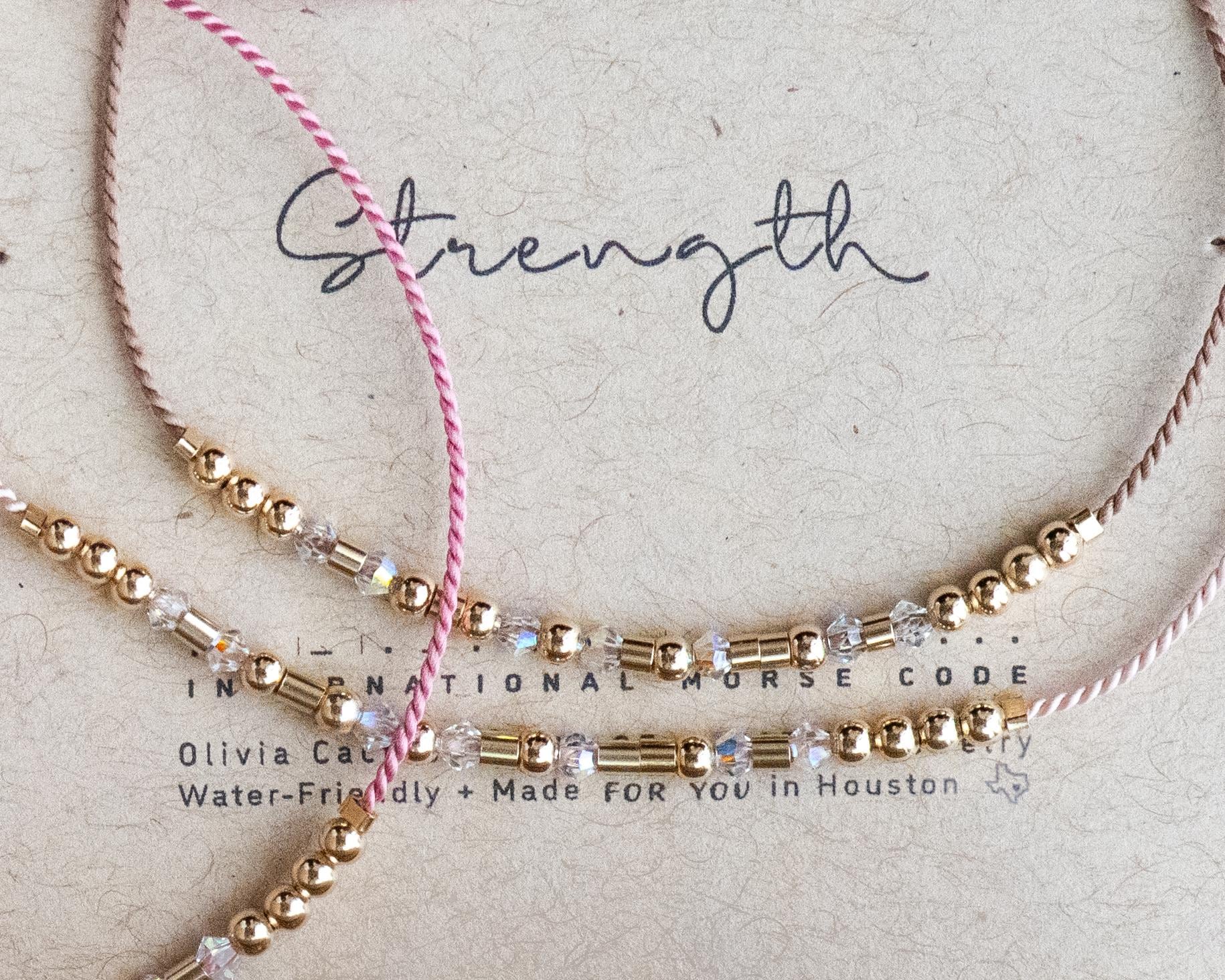 Swarovski + Gold Personalized Bold Morse Code Bracelet. Strength or Any Word on a Custom Designed Card on Any Color Adjustable Cord