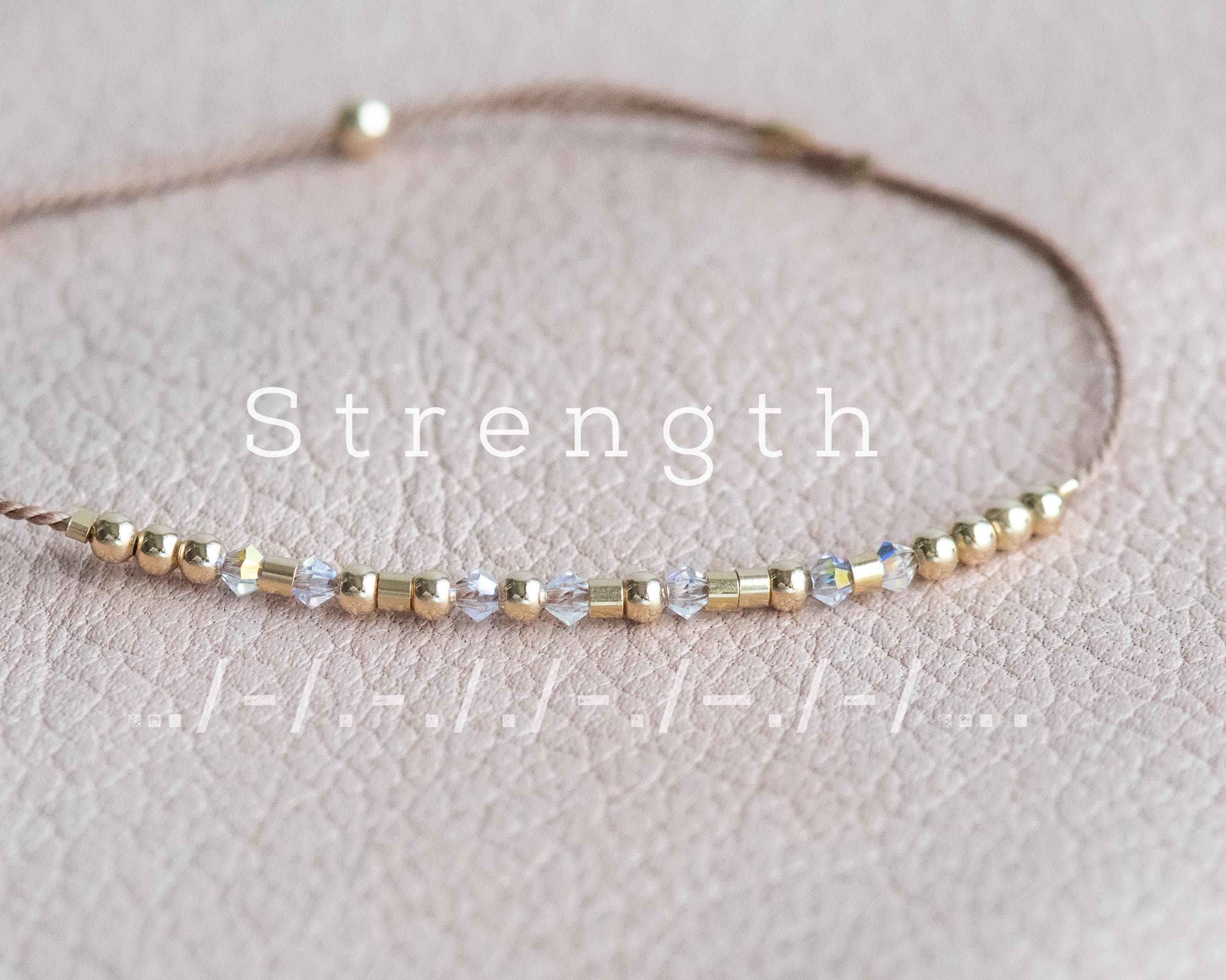 Swarovski + Gold Personalized Bold Morse Code Bracelet. Strength or Any Word on a Custom Designed Card on Any Color Adjustable Cord