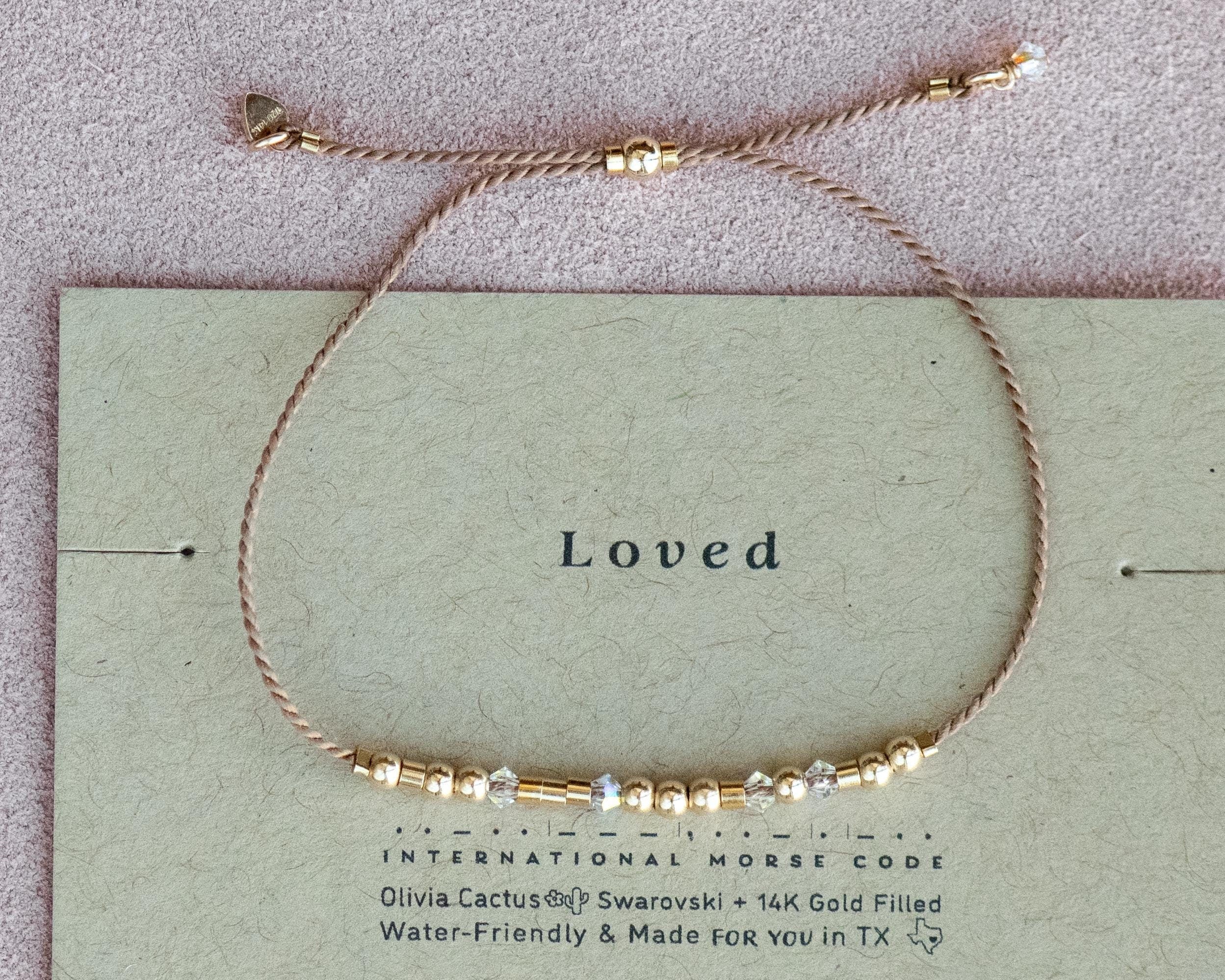 Swarovski + Gold Personalized Bold Morse Code Bracelet. Loved or Any Word + Any Size, With Hanging Crystal and Heart at Ends