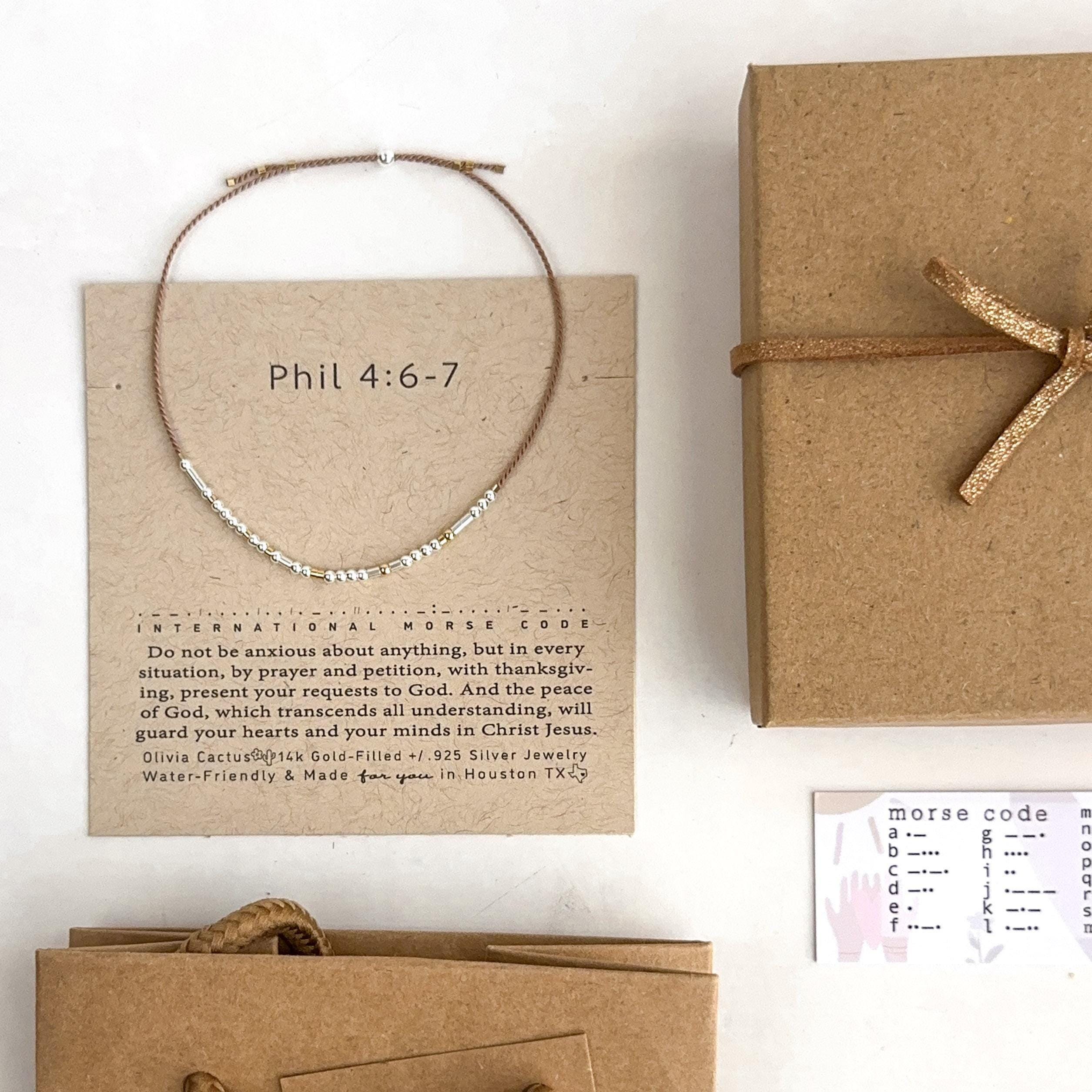 Anxiety Morse Code Bracelet with Bible Verse Scripture Phillipians Shown on Card