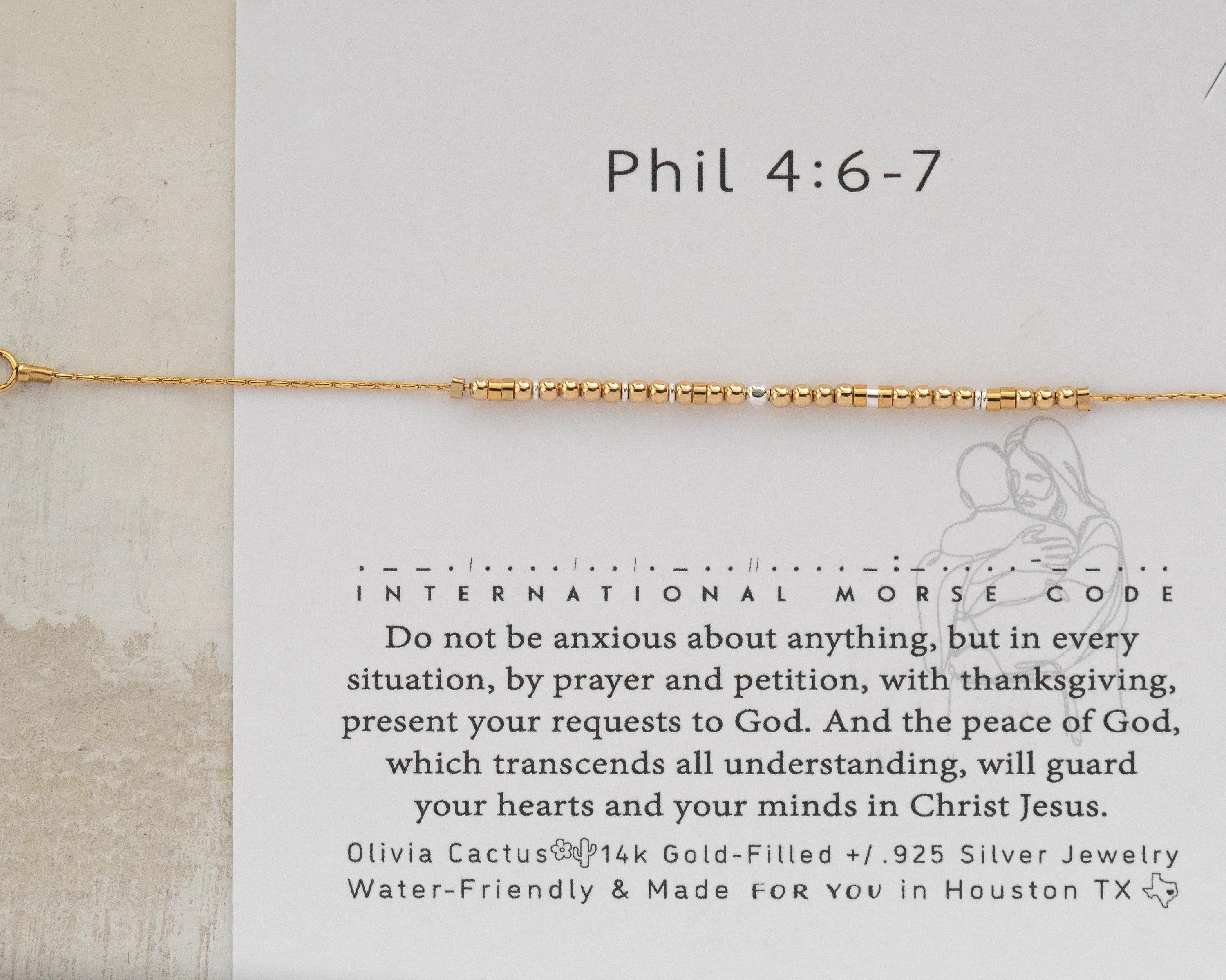 Golden Dainty Morse Code Bracelet with Tiny Gold Beads and Silver Hoop Spacers on a Card with Bible Verse Philippians Do Not Be Anxious, The Peace of God Will Guard your Heart