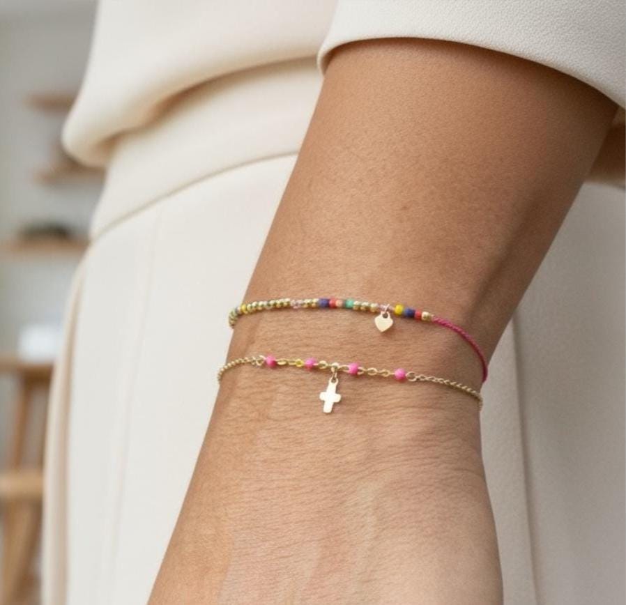 14k Gold Cross Bracelet with Bright Pink Accents, Baptism Gift, First Communion, Mothers Day