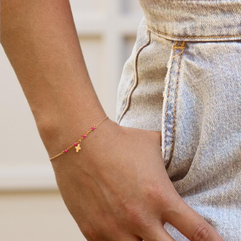 14k Gold Cross Bracelet with Bright Pink Accents, Baptism Gift, First Communion, Mothers Day
