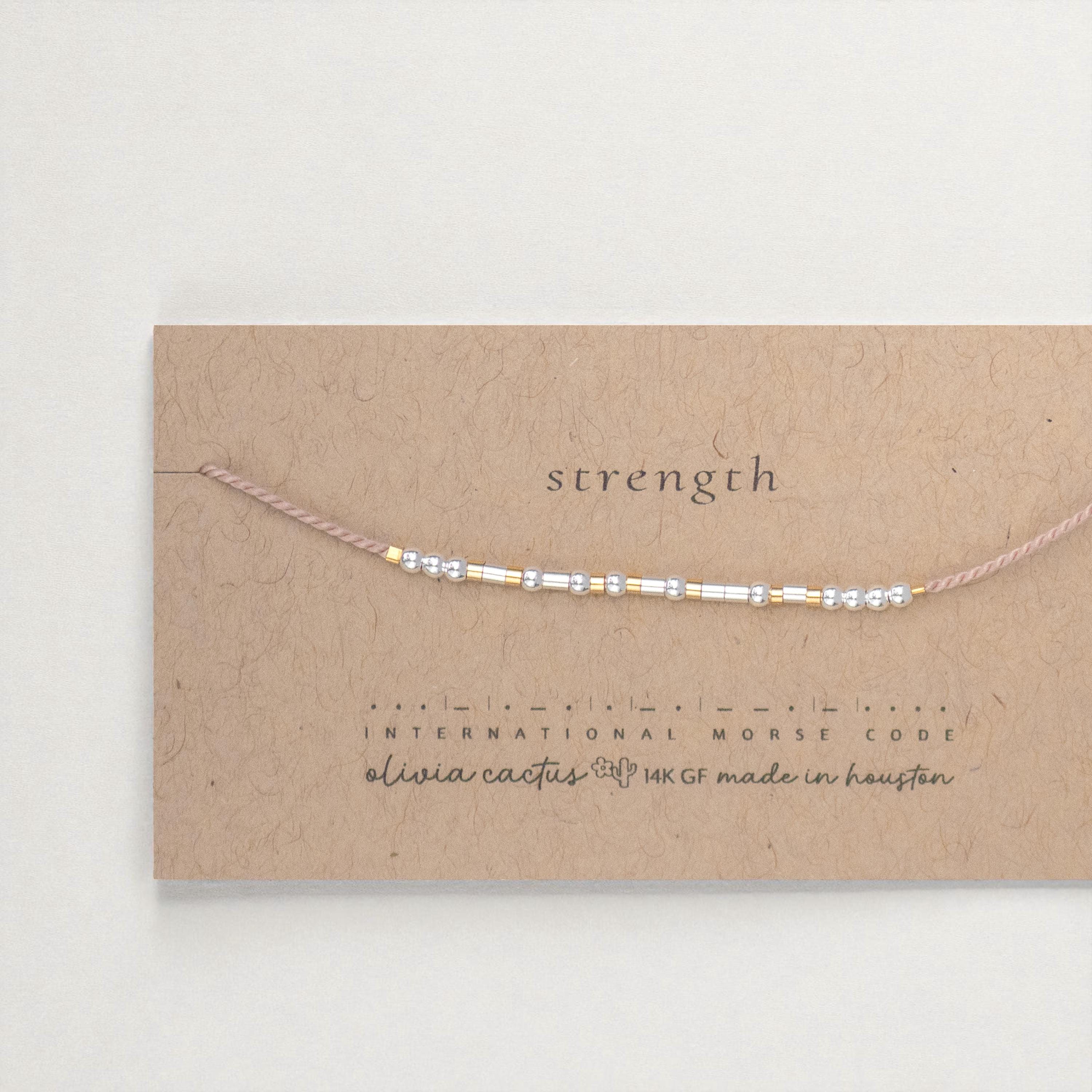 Morse Code Bracelet: Sterling Silver Beads, Strength on Pink or Custom Word, Color