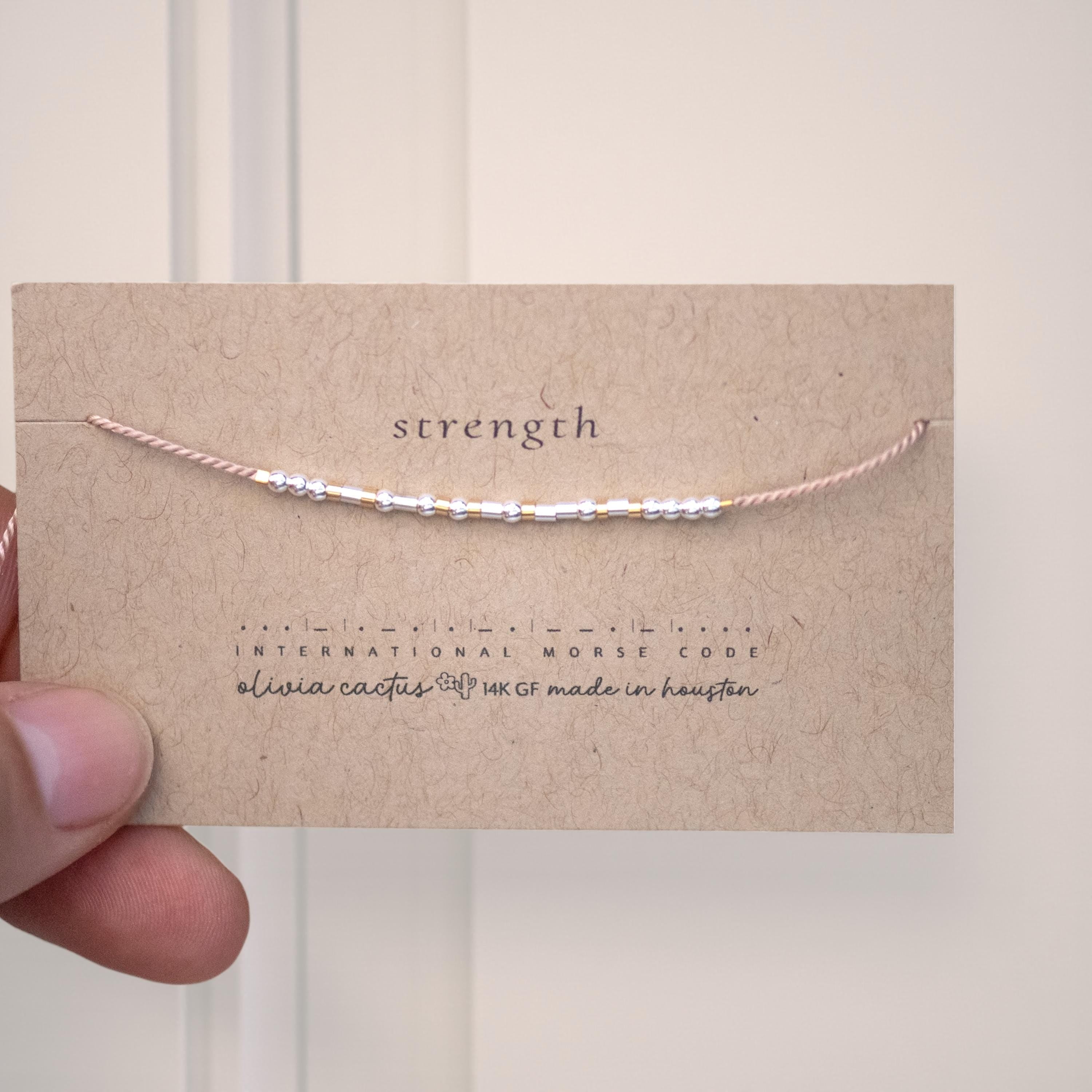 Morse Code Bracelet: Sterling Silver Beads, Strength on Pink or Custom Word, Color