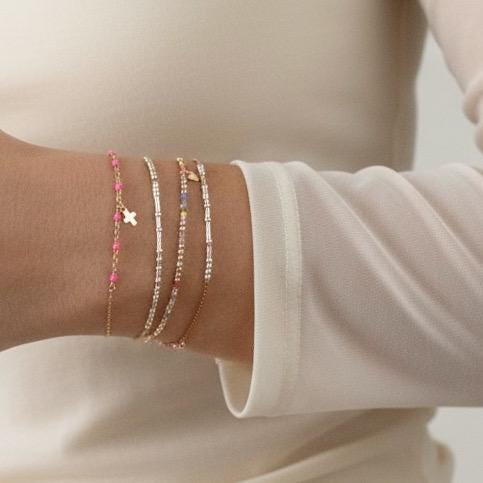 14k Gold Cross Bracelet with Bright Pink Accents, Baptism Gift, First Communion, Mothers Day