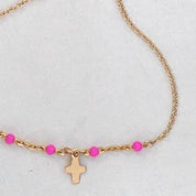 14k Gold Cross Bracelet with Bright Pink Accents, Baptism Gift, First Communion, Mothers Day