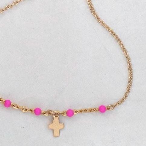 14k Gold Cross Bracelet with Bright Pink Accents, Baptism Gift, First Communion, Mothers Day