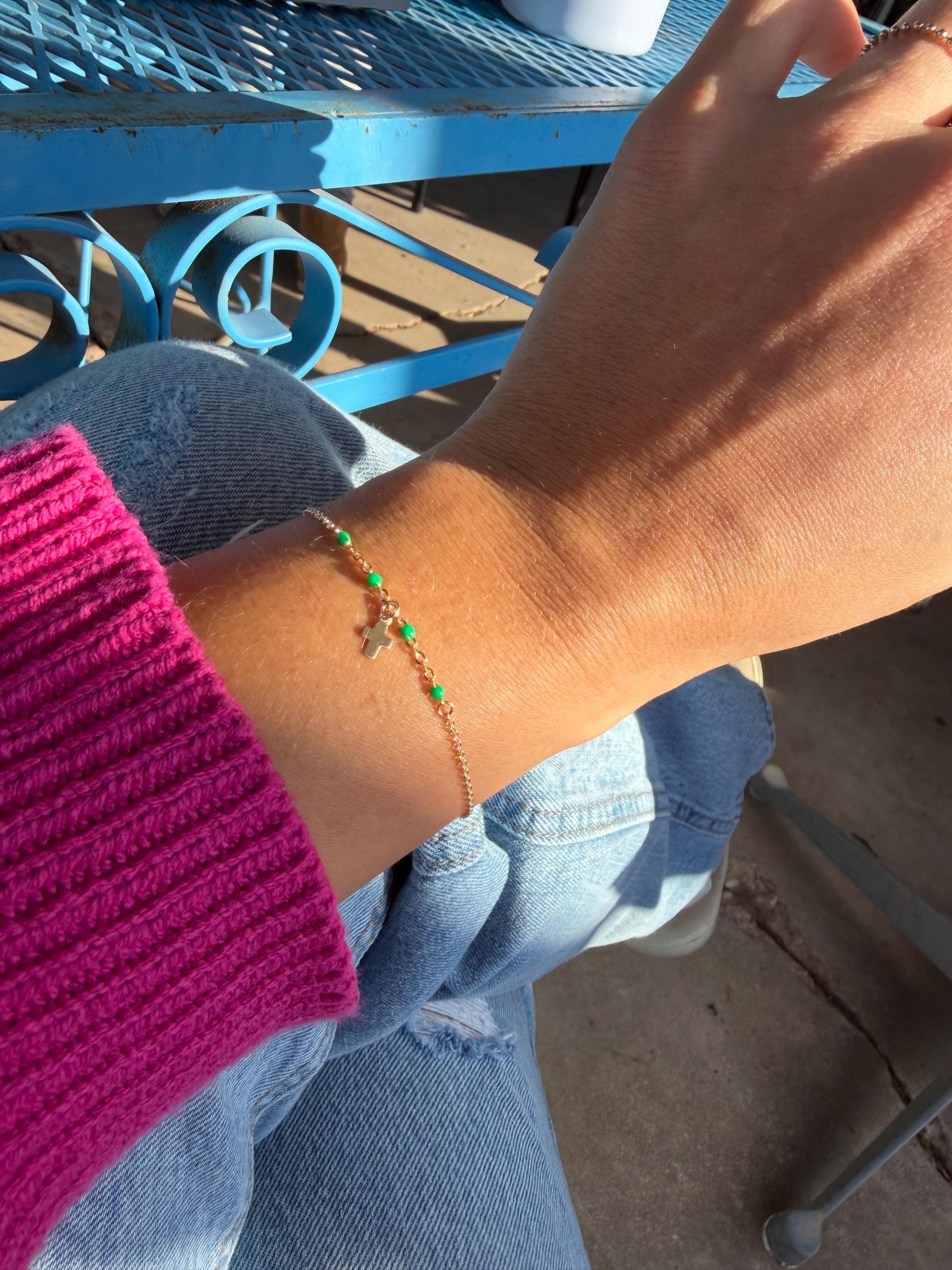 14k Gold Cross Bracelet with Bright Pink Accents, Baptism Gift, First Communion, Mothers Day