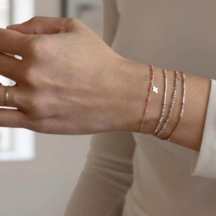 14k Gold Cross Bracelet with Bright Pink Accents, Baptism Gift, First Communion, Mothers Day