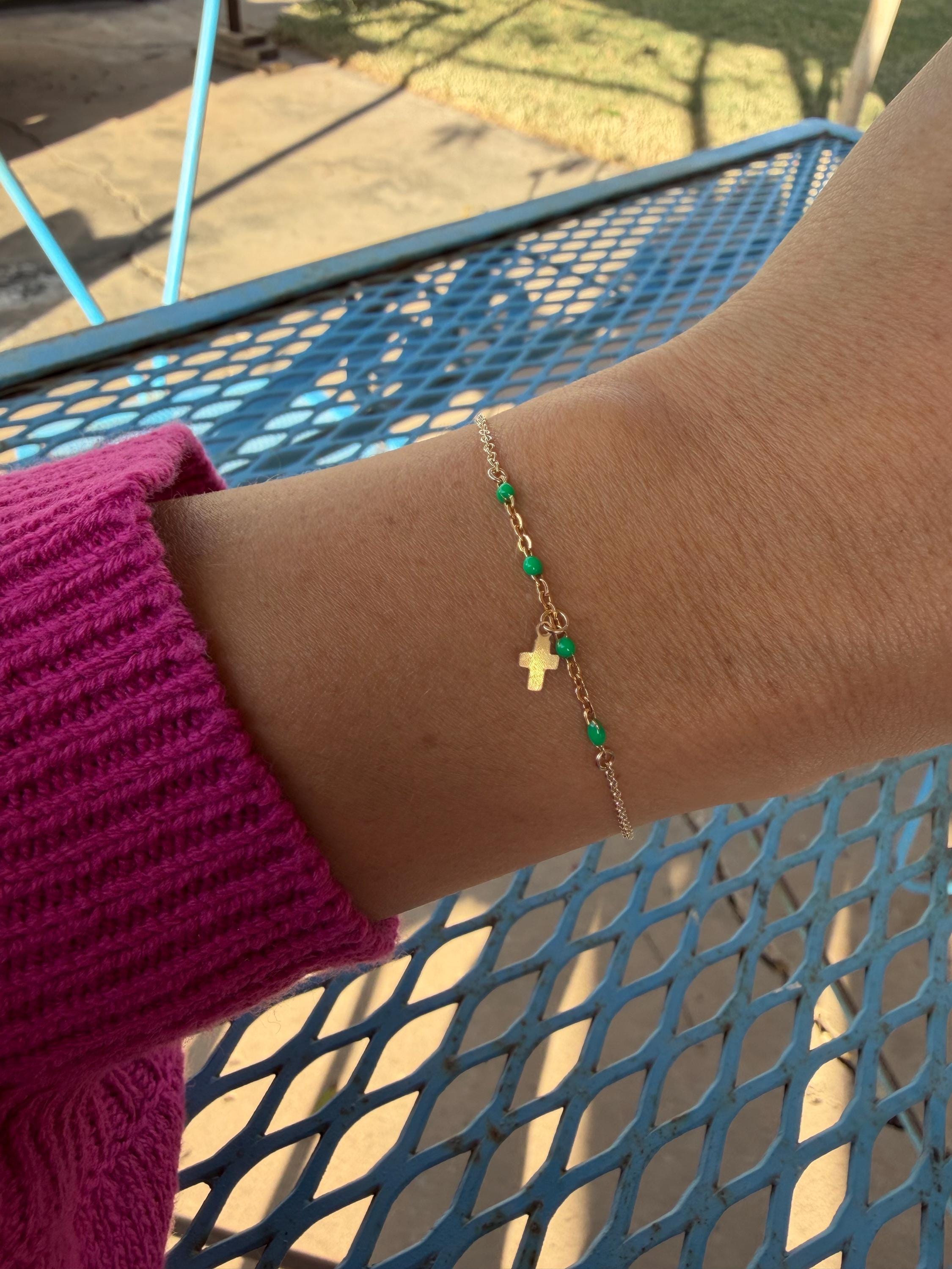 14k Gold Cross Bracelet with Bright Pink Accents, Baptism Gift, First Communion, Mothers Day