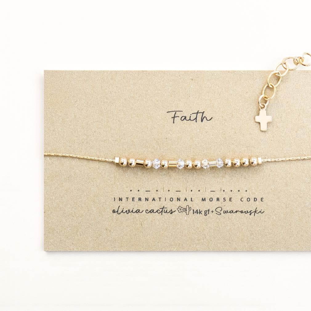 Gold Morse Code Bracelet, Tiny Cross Charm, Swarovski - Faith, Confirmation, Baptism Gift for Women
