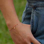 14k Gold Cross Bracelet with Bright Pink Accents, Baptism Gift, First Communion, Mothers Day