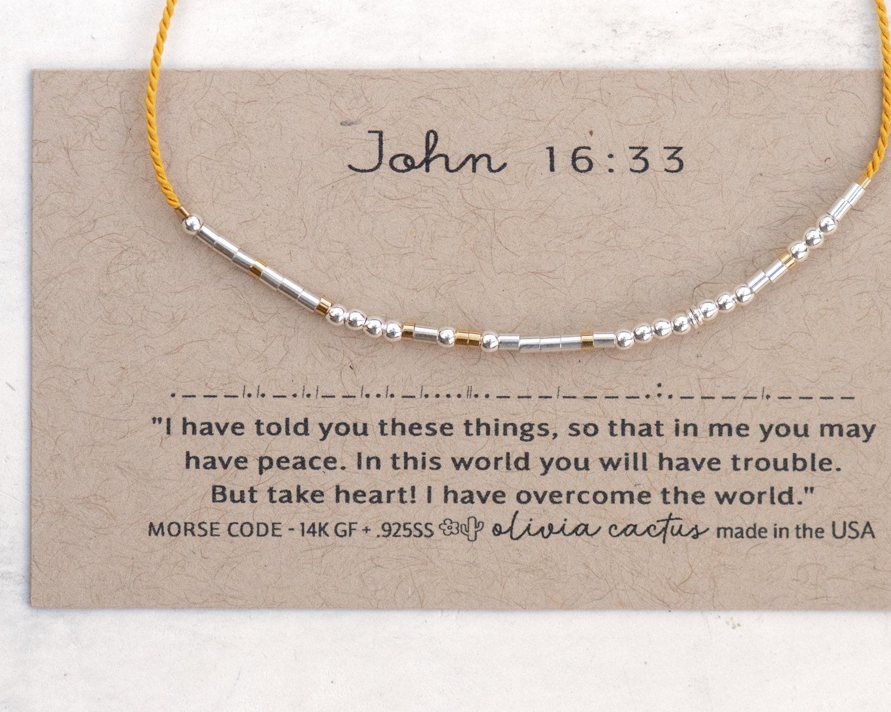 John 16:33 Morse Code Bracelet - Dainty 14K Gold & Silver Jewelry by Olivia Cactus
