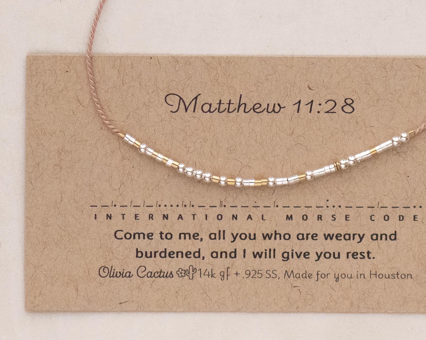 Matthew 11:28 Morse Code Bracelet - Dainty 14K Gold & Silver Jewelry by Olivia Cactus