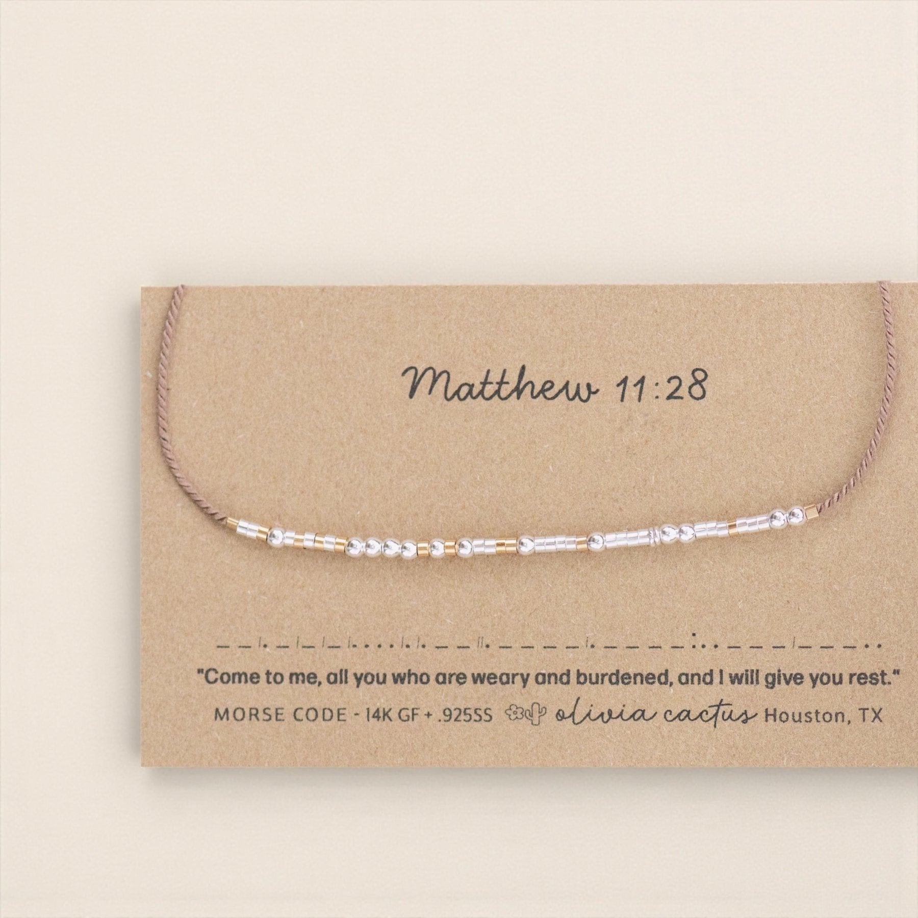 Matthew 11:28 Morse Code Bracelet - Dainty 14K Gold & Silver Jewelry by Olivia Cactus