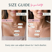 Necklace size guide: where each size sits on a plus size model and a petite model. Every size adjusts down to 1 inch shorter.