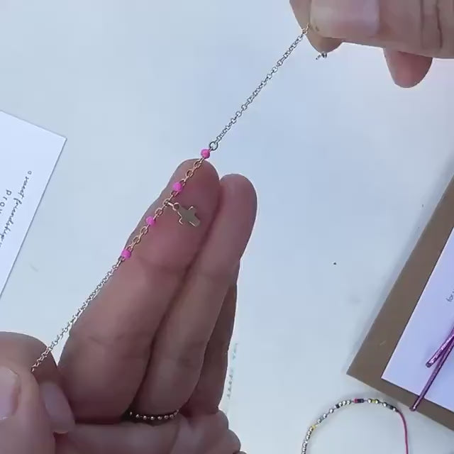 Cross + Pink Accents Chain Bracelet. Tiny Cross Charm on Dainty Chain for Layering or Stacking.