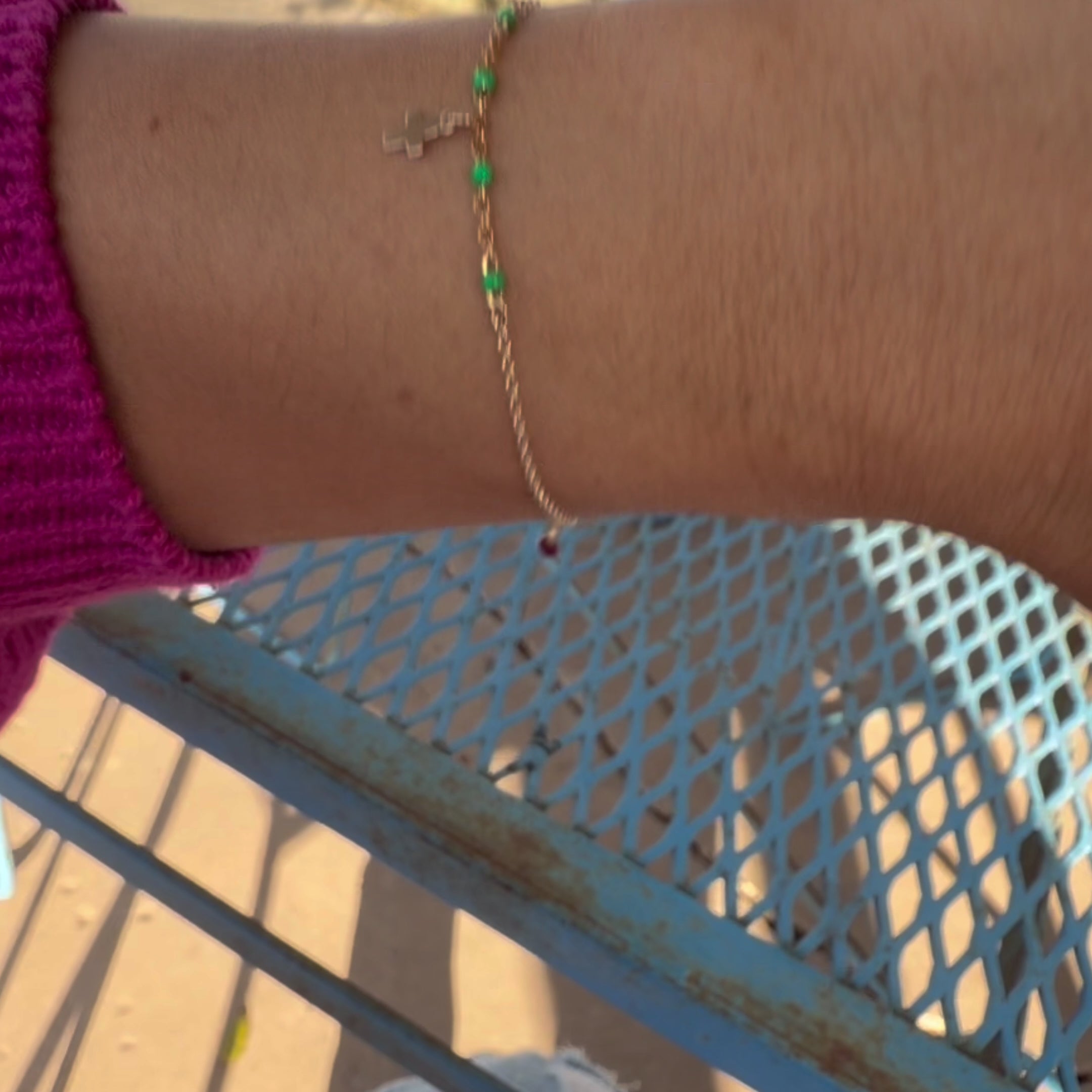 Gold Cross Bracelet with Bright Pink Accents