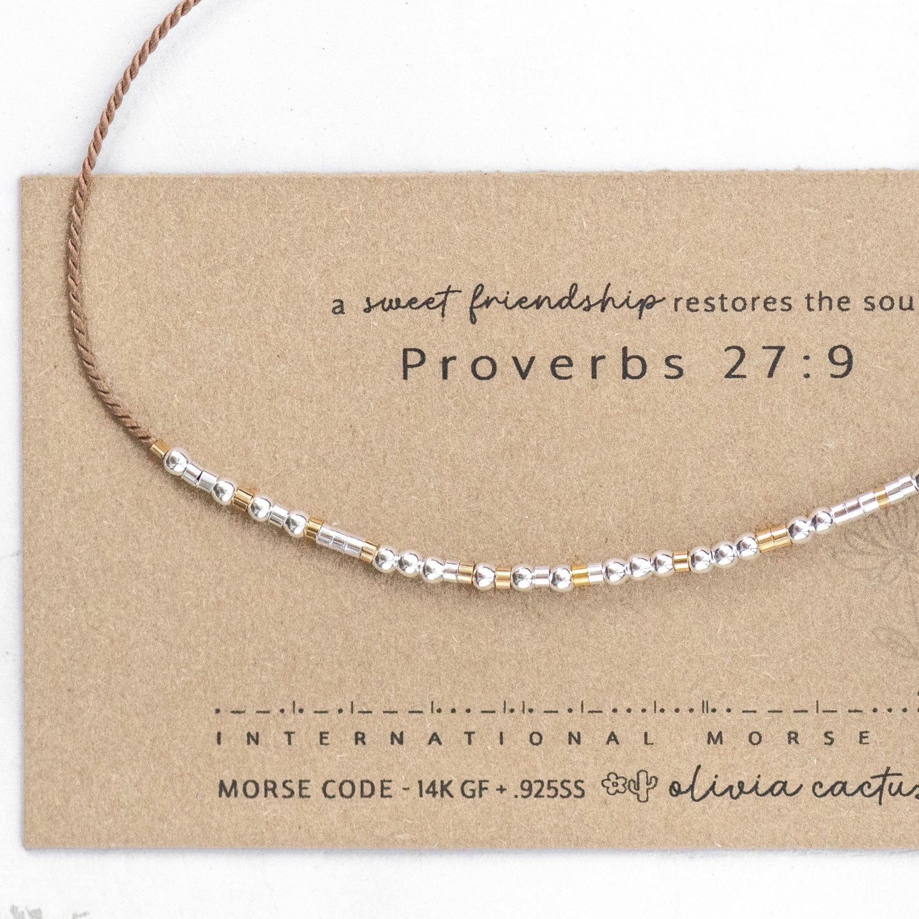 Proverbs 27:9 Bible Morse Code Friendship Bracelet - Dainty 14K Gold & Silver Jewelry by Olivia Cactus