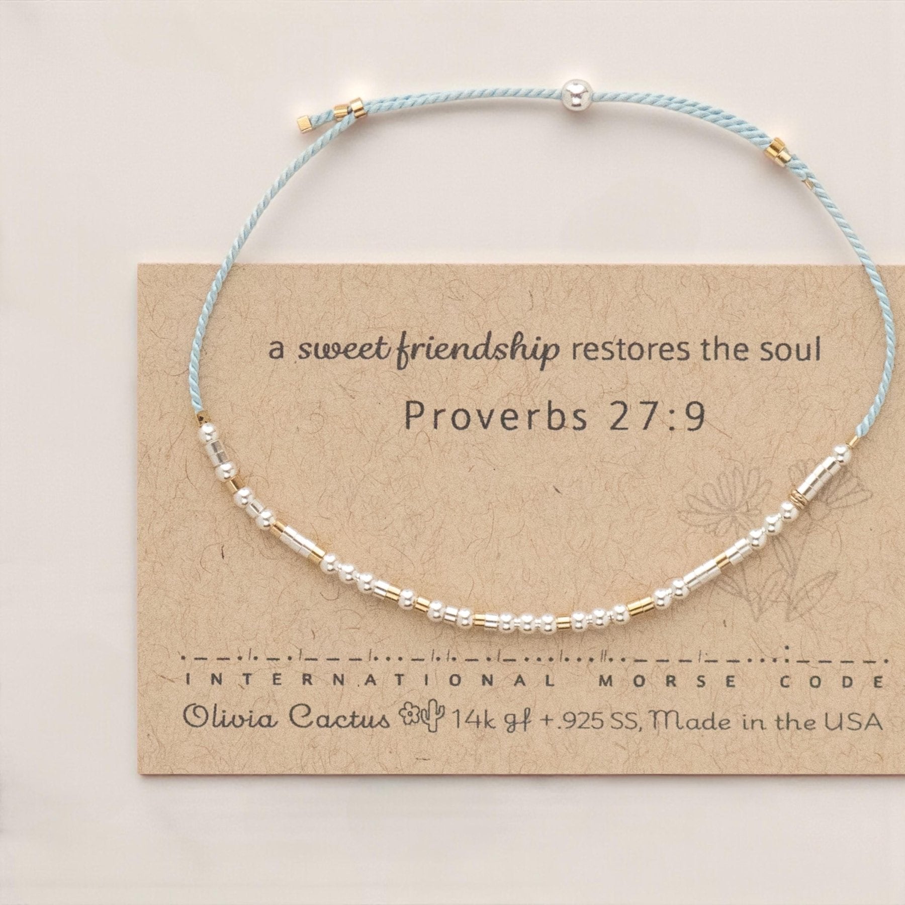 Proverbs 27:9 Bible Morse Code Friendship Bracelet - Dainty 14K Gold & Silver Jewelry by Olivia Cactus