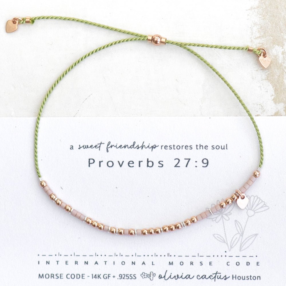 Rose Gold Friendship Morse Bracelet - Dainty 14K Gold & Silver Jewelry by Olivia Cactus