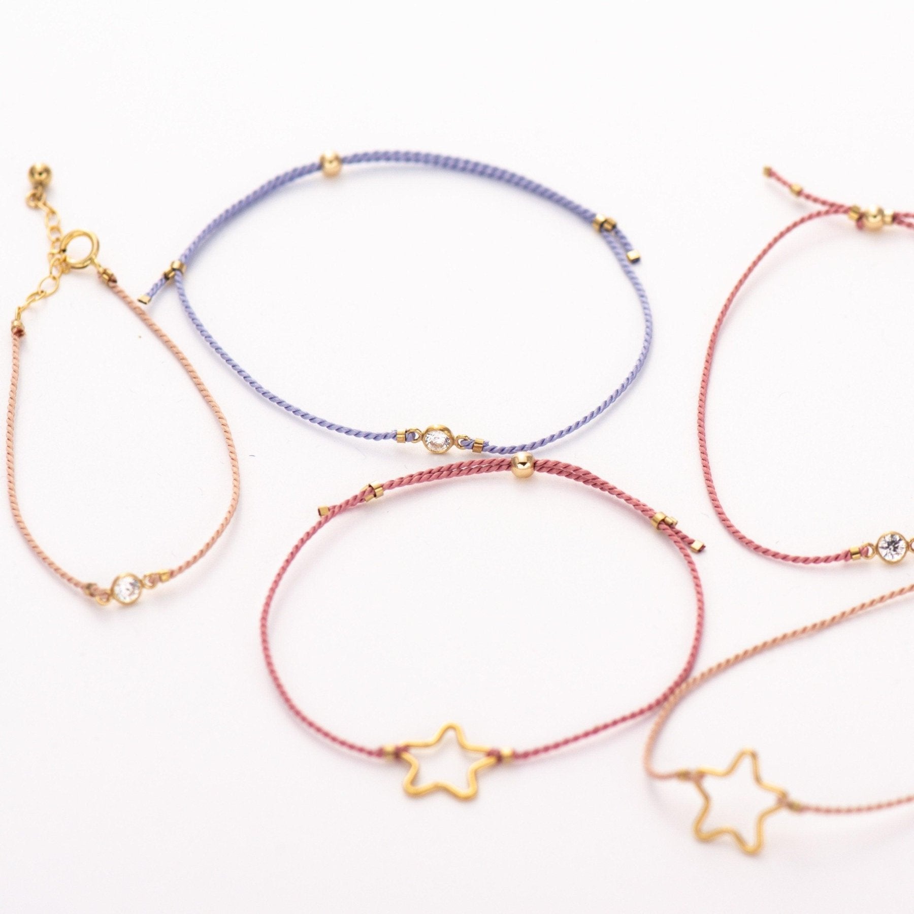 SET of 2 Silk Cord Bracelets: Star + Tiny Diamond cut CZ - Dainty 14K Gold & Silver Jewelry by Olivia Cactus