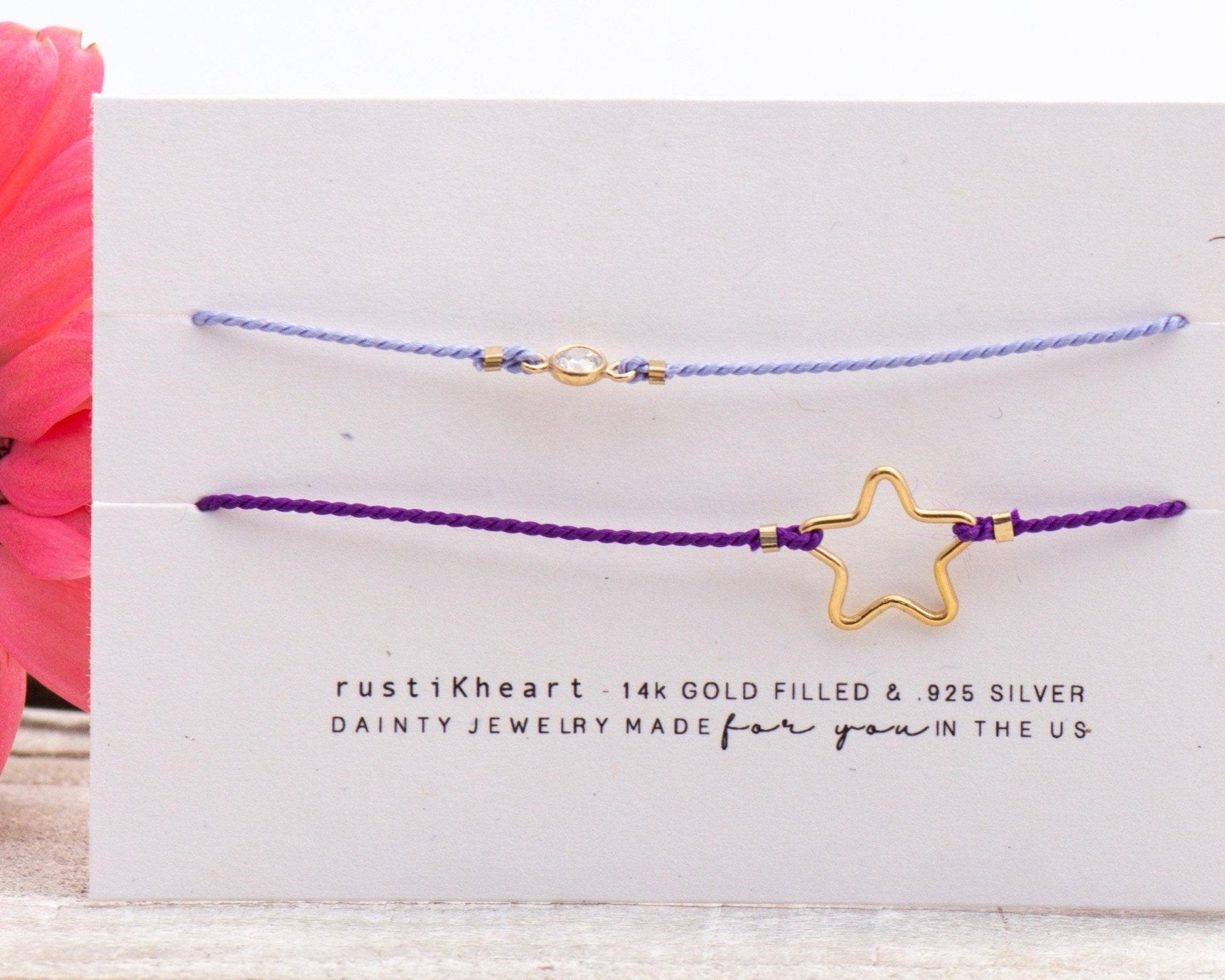 SET of 2 Silk Cord Bracelets: Star + Tiny Diamond cut CZ - Dainty 14K Gold & Silver Jewelry by Olivia Cactus